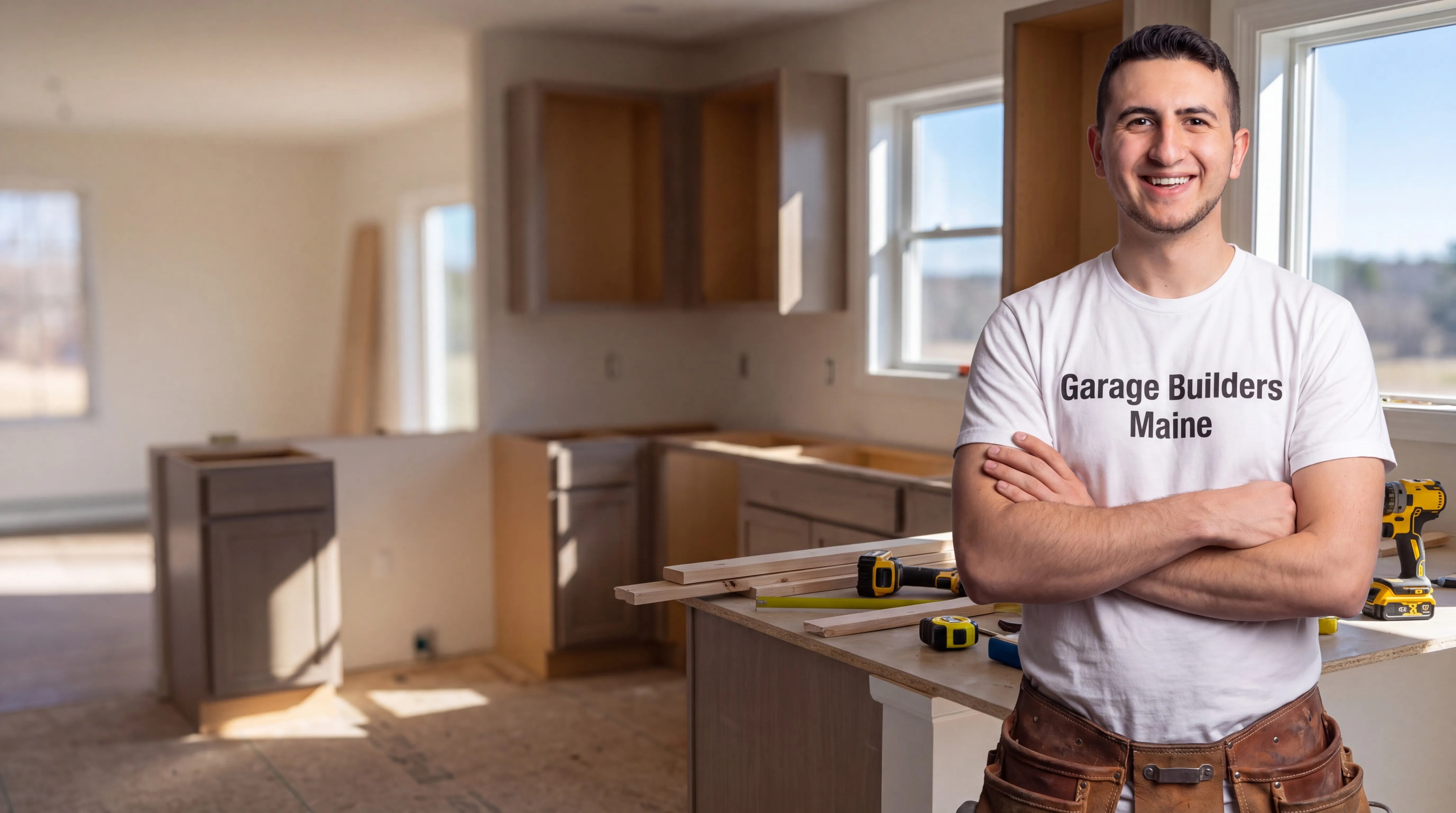Remodeling Pittston Maine: owner with arms crossed in front of a half-installed kitchen and power tools