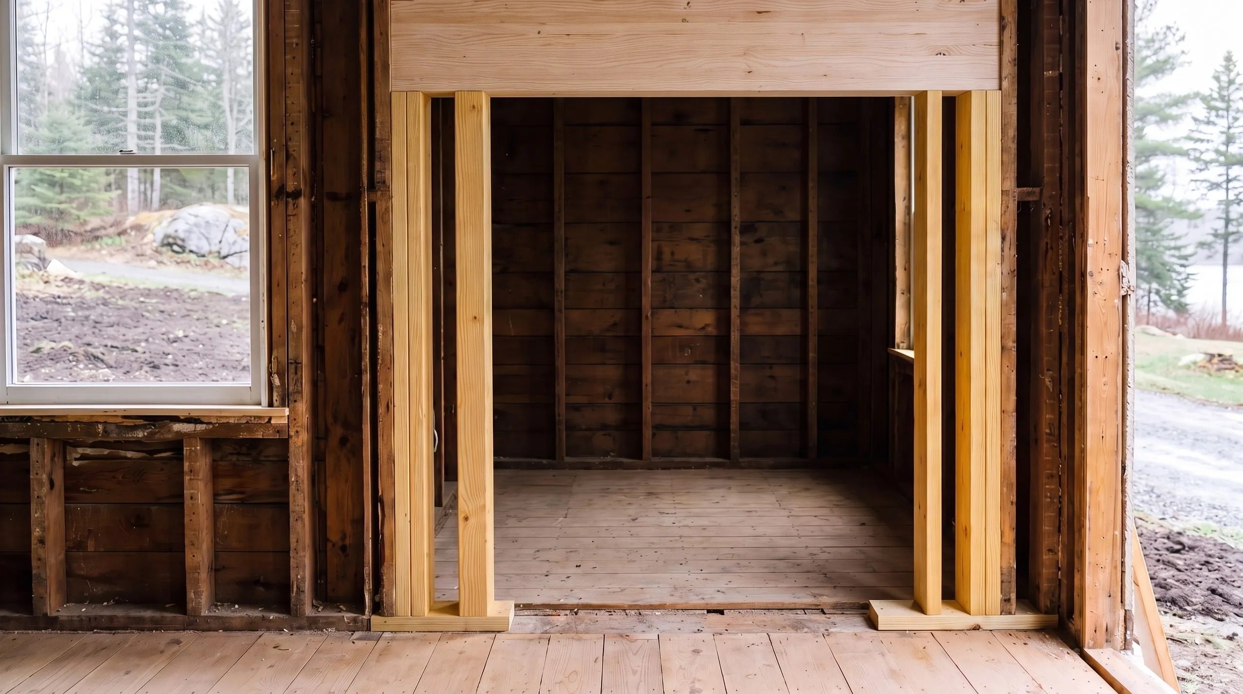 Home remodeling contractor Pittston Maine: new header on doubled posts framing a wide opening in an old board wall