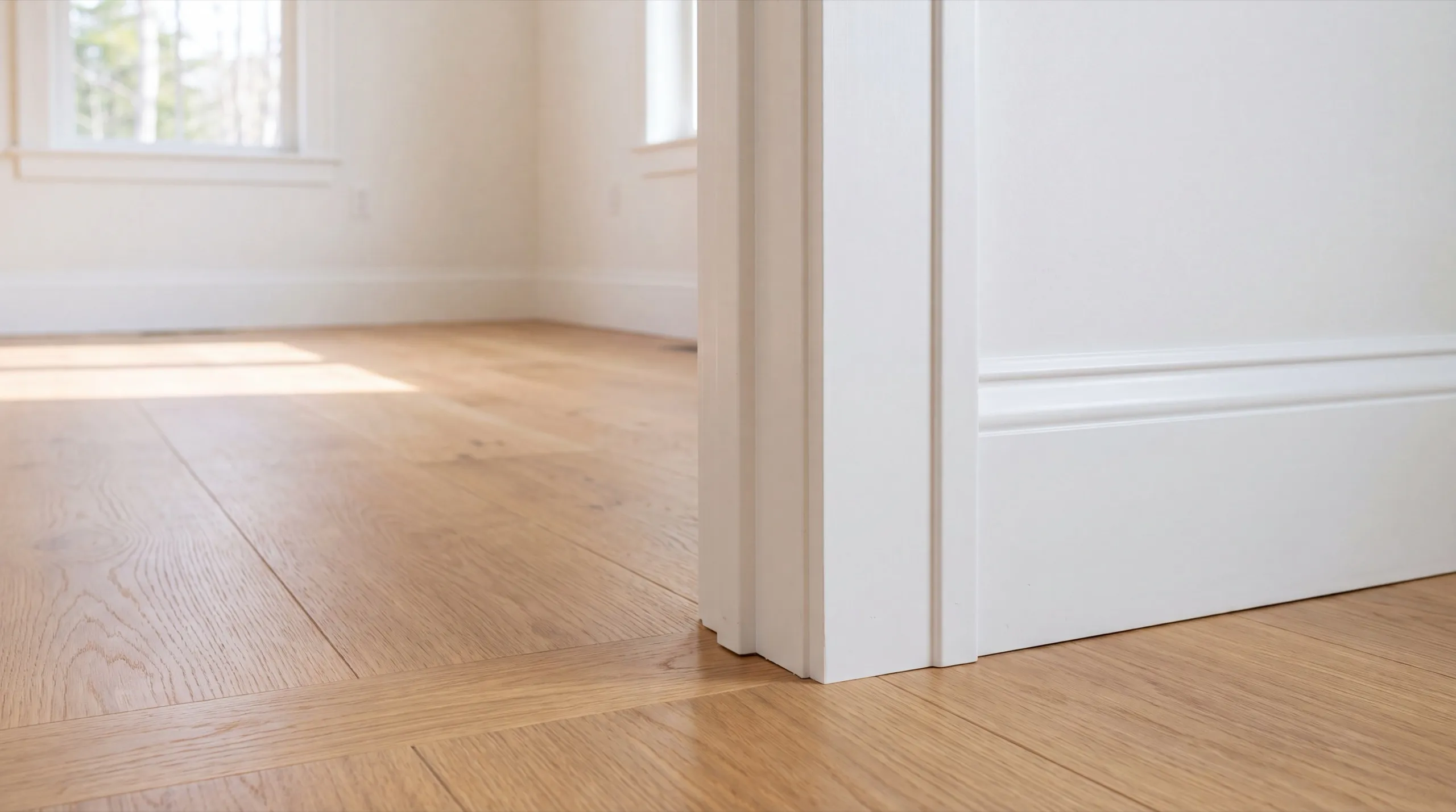 Home remodeling contractor Randolph Maine: finished door casing and tall baseboard meeting a light oak floor