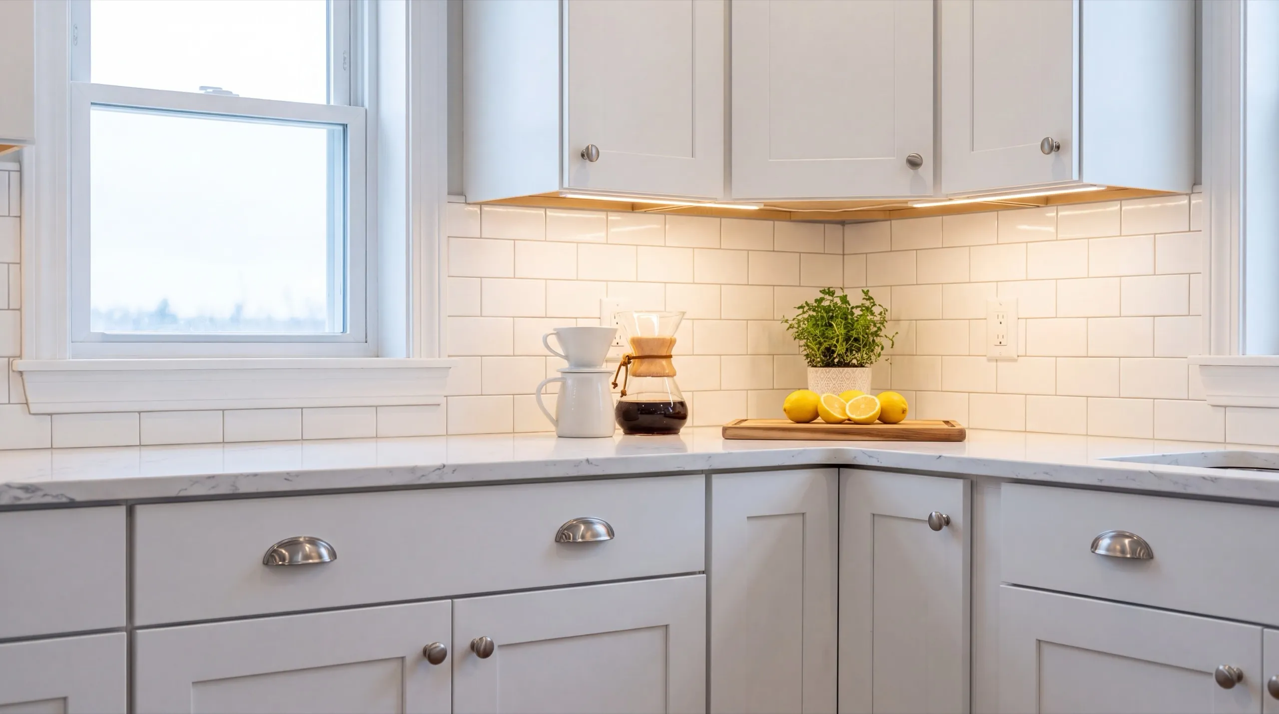 Remodeling Randolph Maine: white kitchen corner with drawers, subway tile and a coffee maker by a window