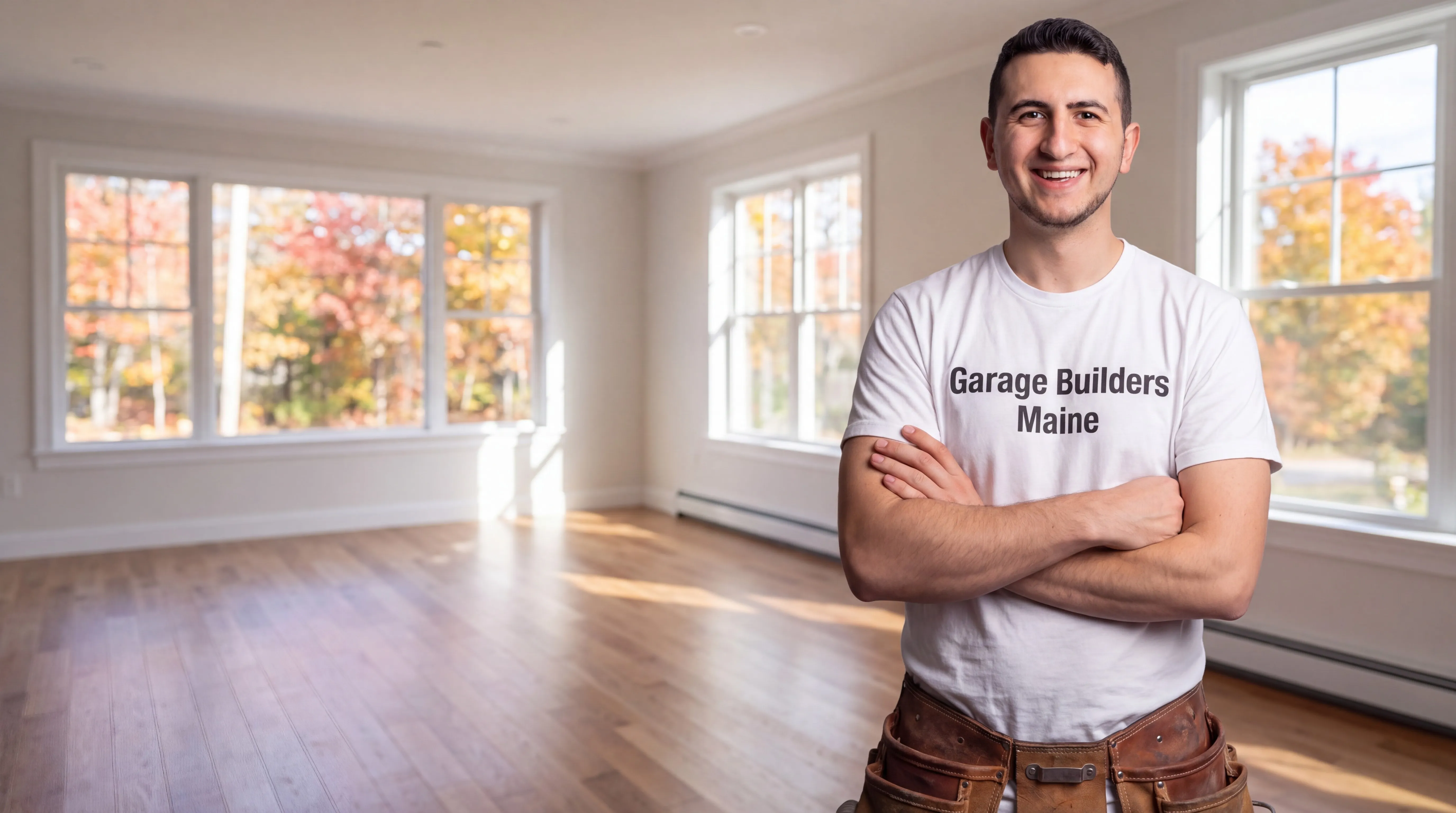 Remodeling Randolph Maine: owner with arms crossed in front of a finished empty room with fall views
