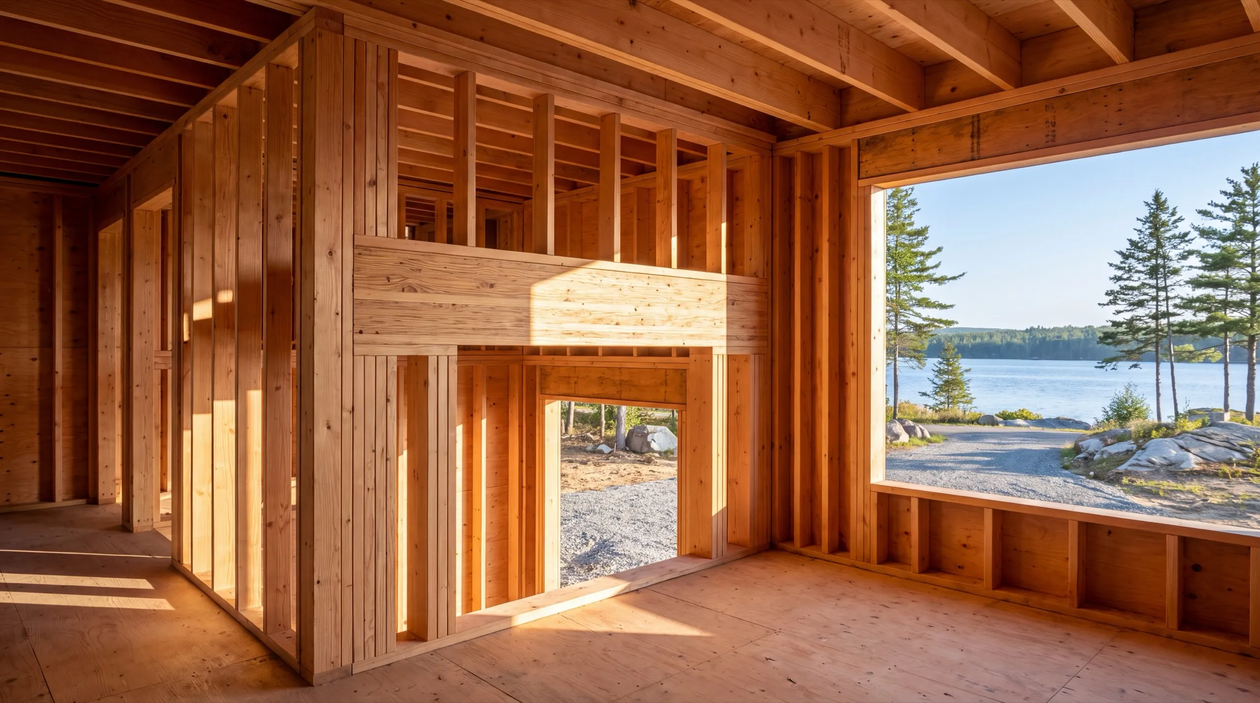 Home remodeling contractor Randolph Maine: new interior wall framing with a header over an opening, lake view beyond