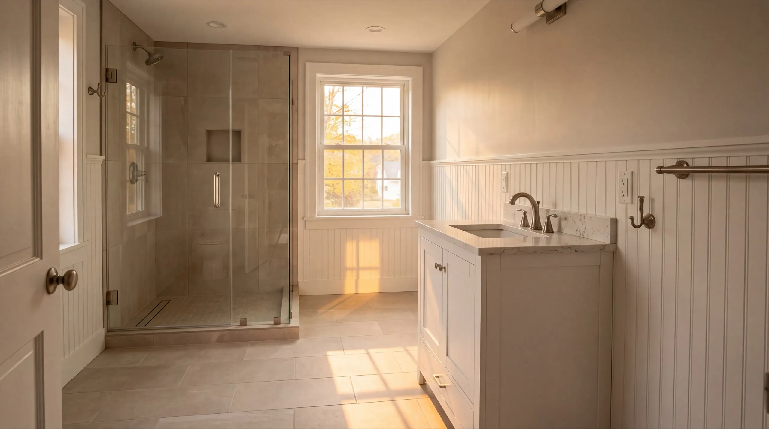 Remodeling Richmond Maine: bathroom with a glass-enclosed tiled shower, beadboard wainscot and a vanity