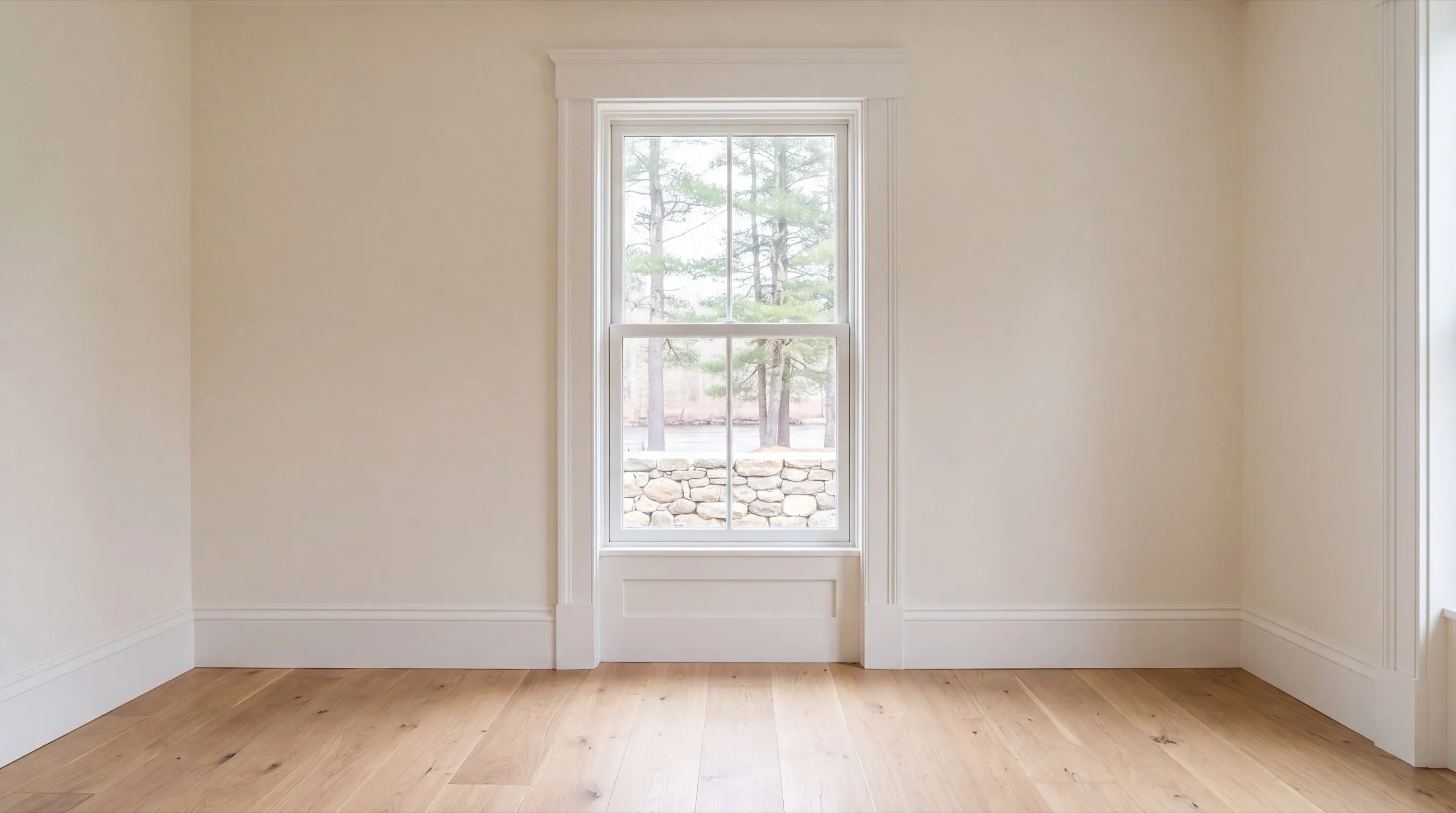 Home remodeling contractor Richmond Maine: finished empty room with a tall cased window and baseboard on an oak floor