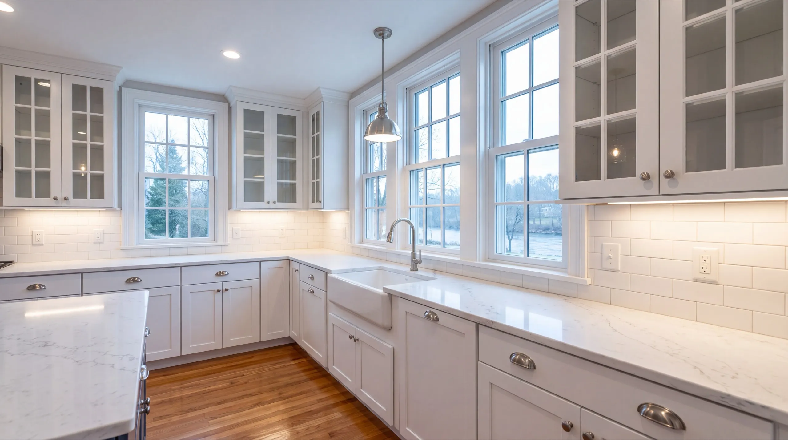 Remodeling Richmond Maine: white kitchen with glass-front uppers, an apron sink and a wall of windows