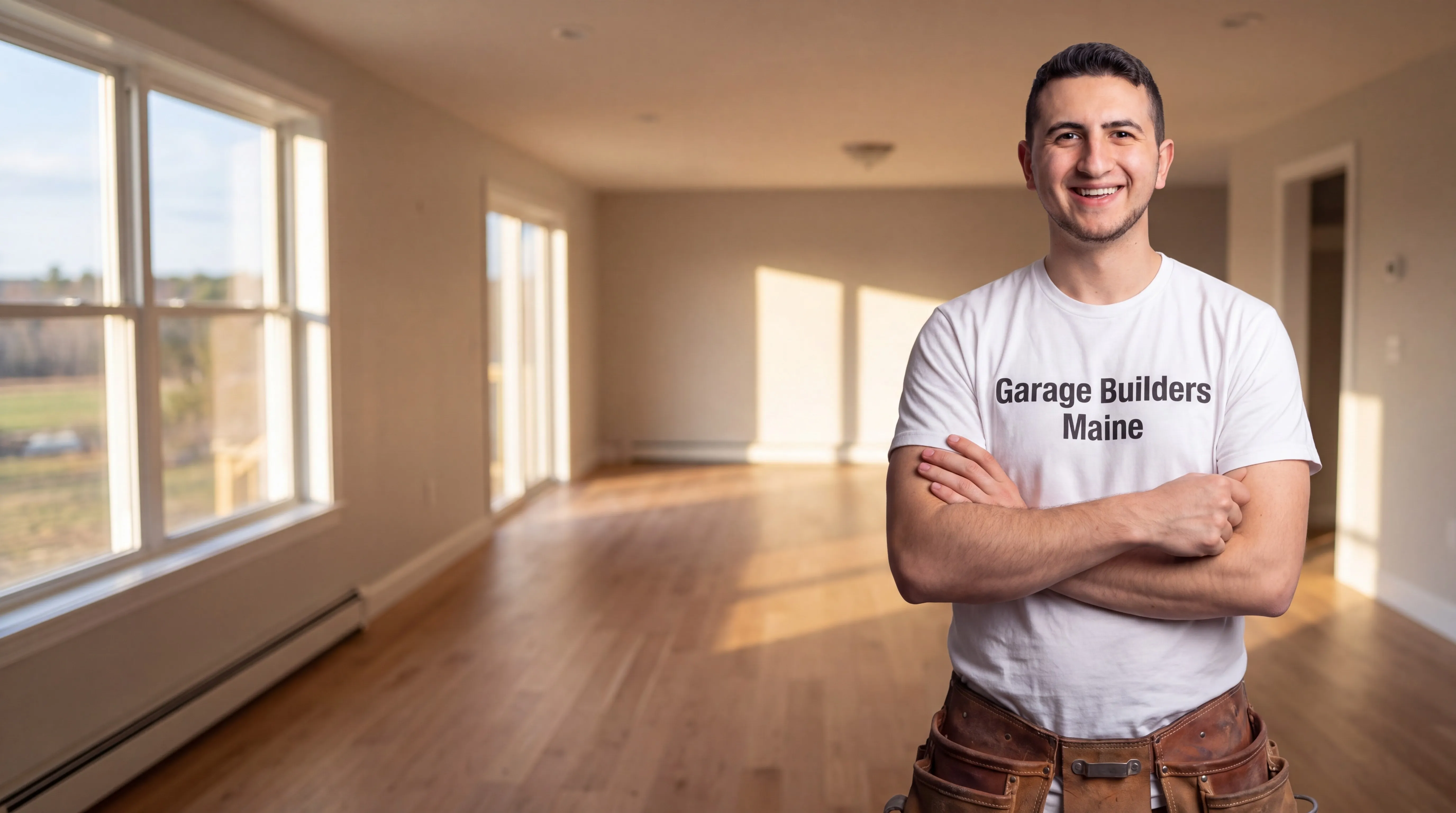 Remodeling Richmond Maine: owner with arms crossed in front of a finished empty room with oak floors