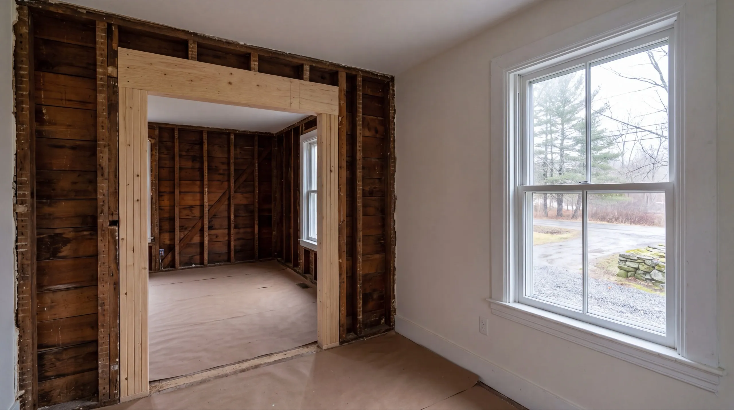 Home remodeling contractor Richmond Maine: new framed opening cut through an old board wall into a gutted room