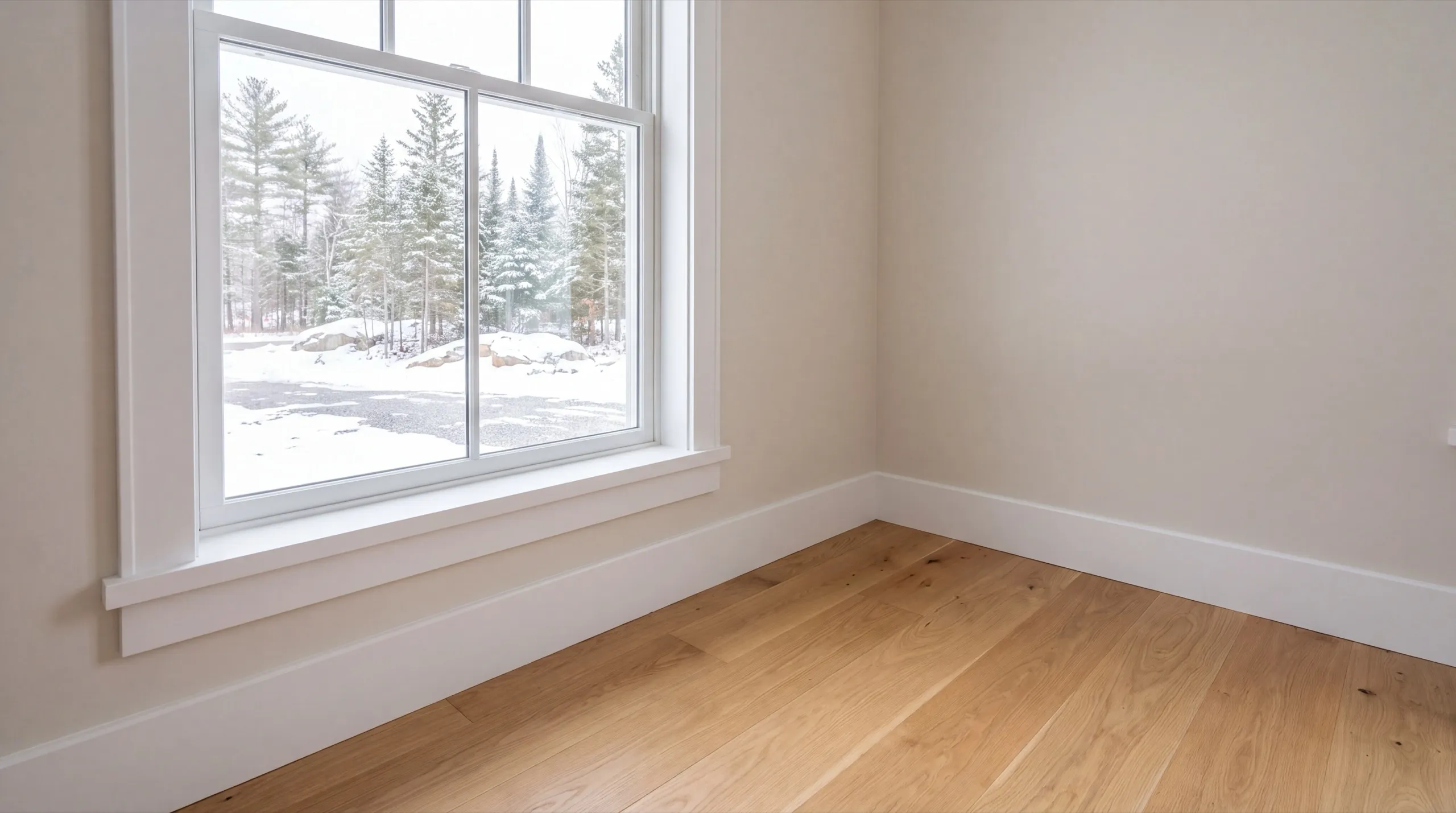 Home remodeling contractor Sidney Maine: finished room with a wide cased window, baseboard and a light oak floor