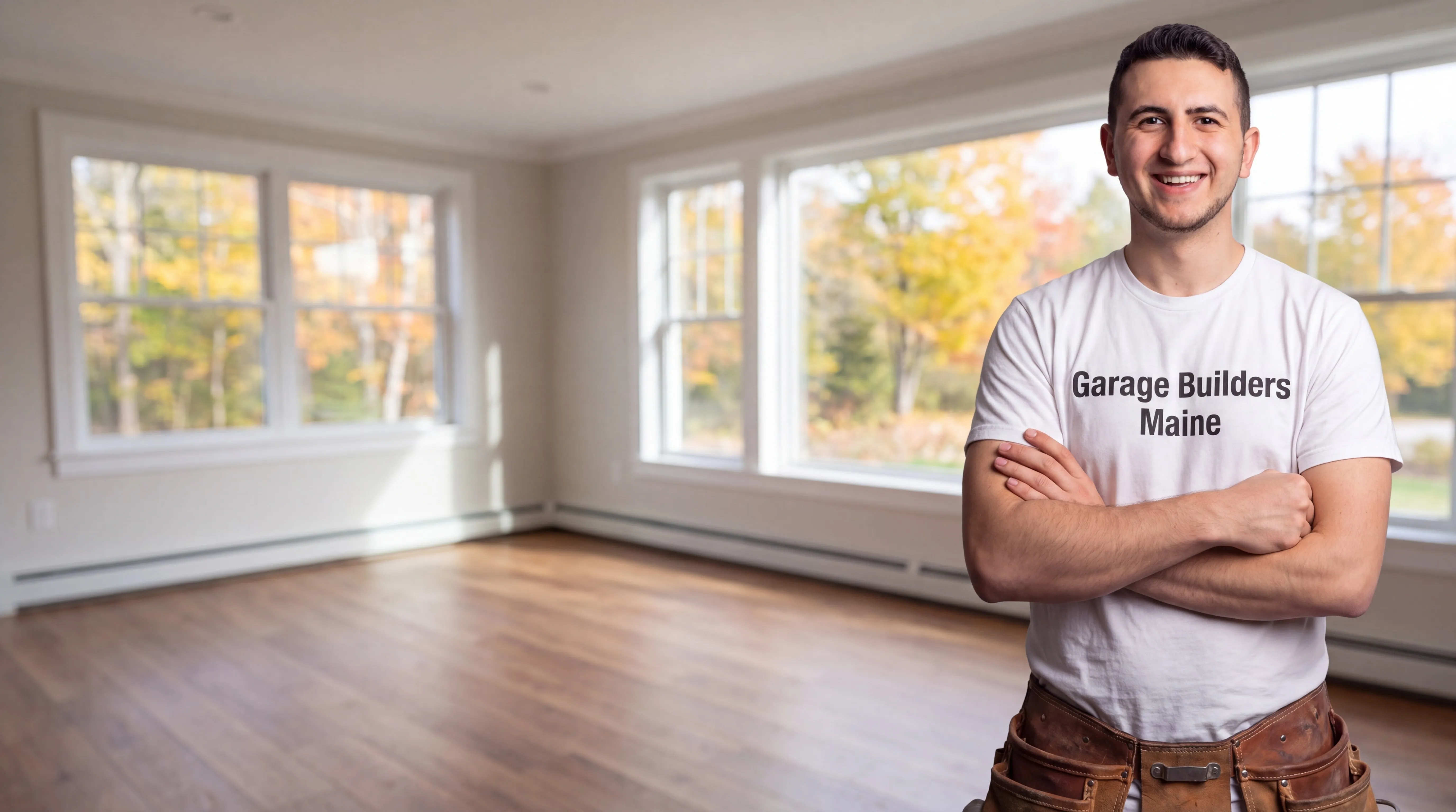 Remodeling Sidney Maine: owner with arms crossed in front of a finished empty room with fall views