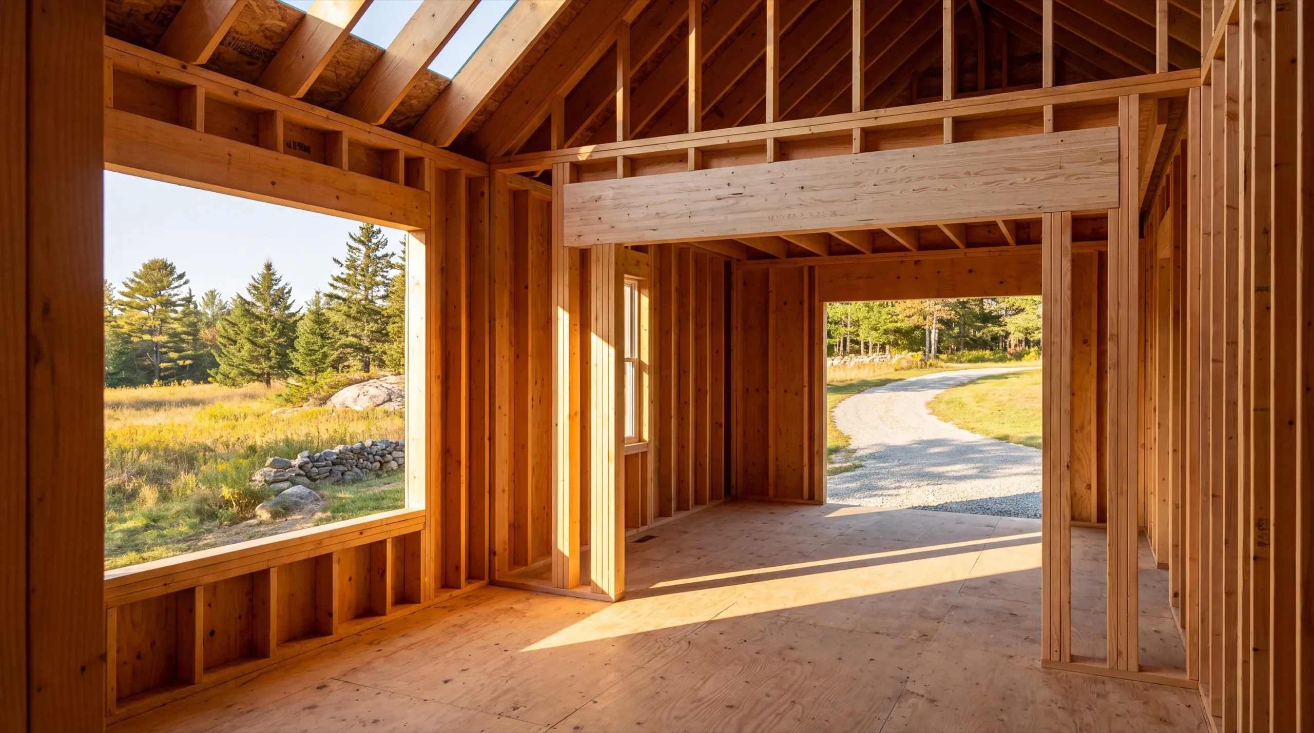 Home remodeling contractor Sidney Maine: framed shell with a new header over a wide interior opening, roof partly open