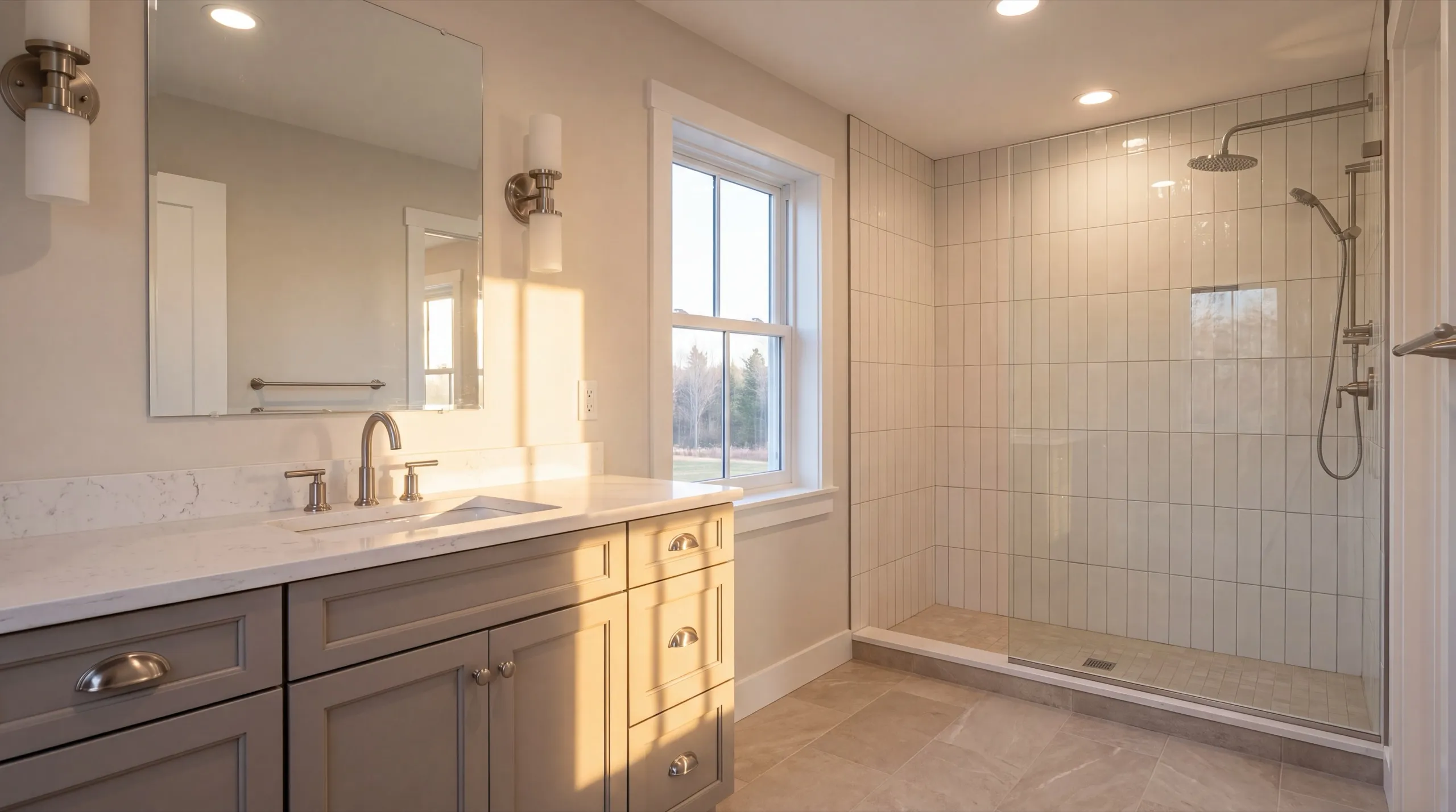 Remodeling Vassalboro Maine: bathroom with a low-curb tiled shower behind glass and a gray vanity