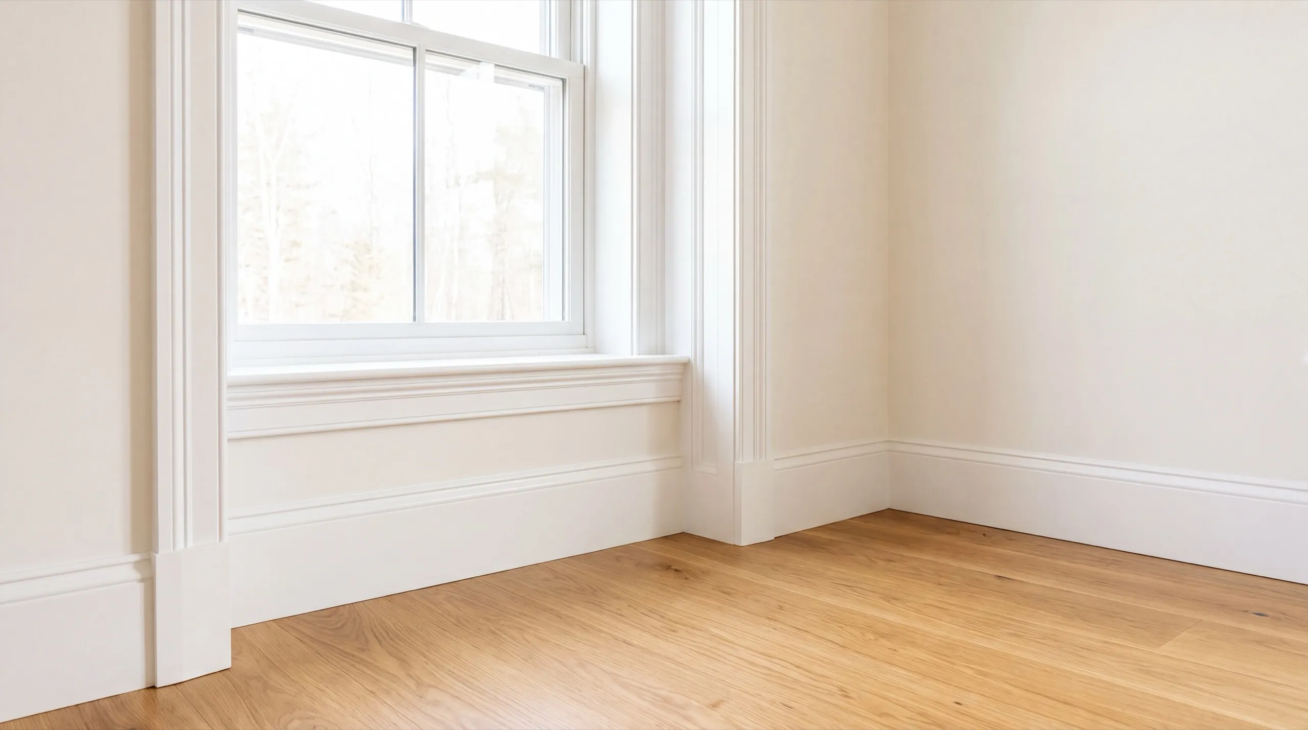 Home remodeling contractor Vassalboro Maine: finished room with a cased window, deep stool and baseboard on an oak floor