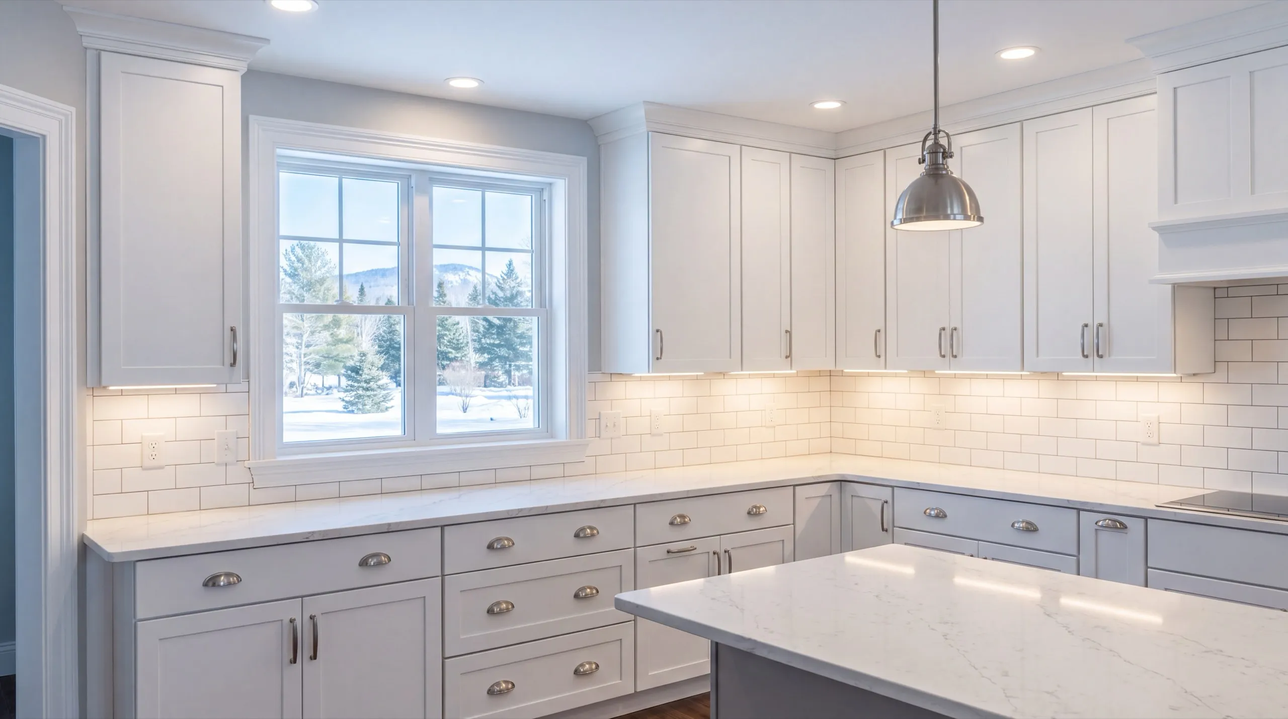 Remodeling Vassalboro Maine: white kitchen with deep drawers, subway tile, a sink window and an island