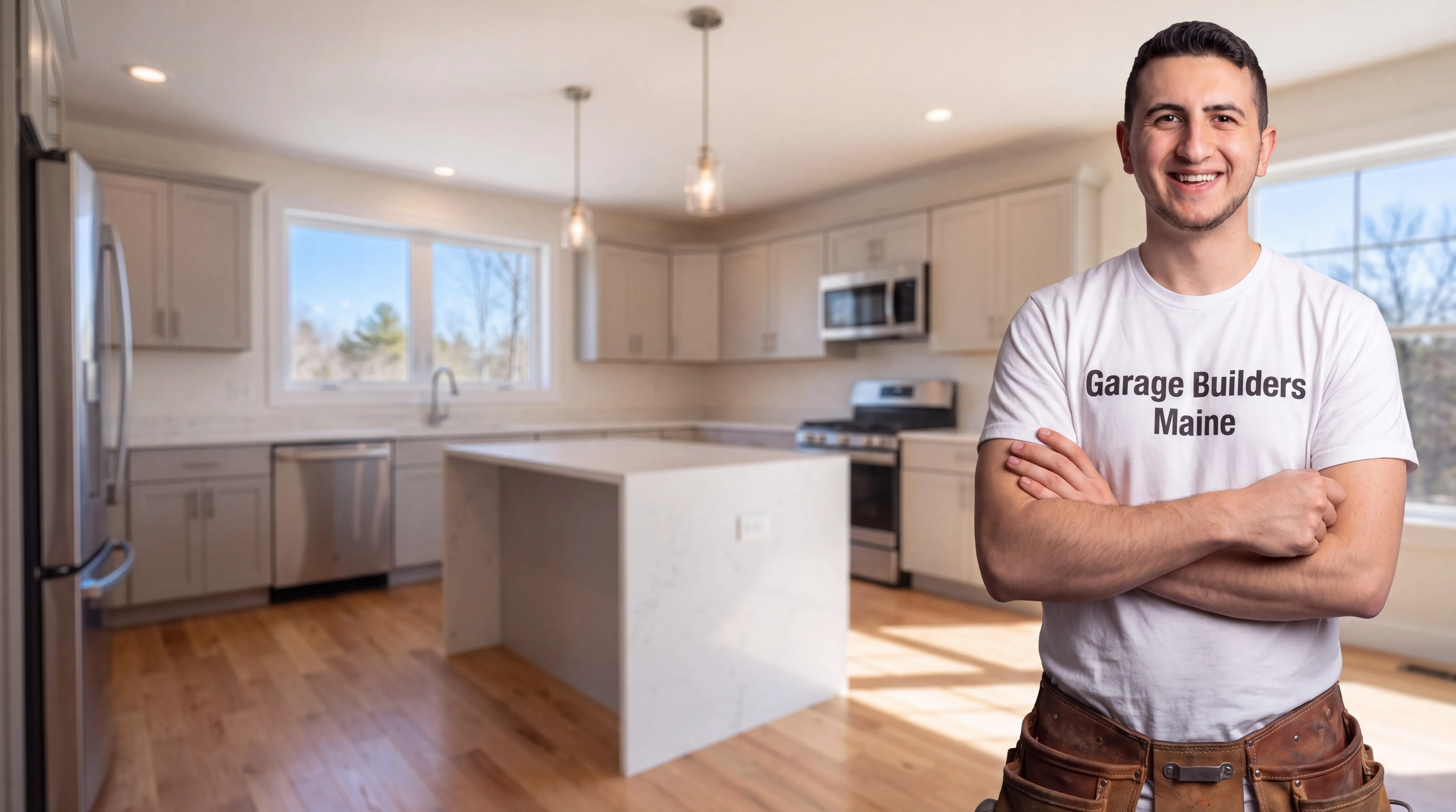 Remodeling Vassalboro Maine: owner with arms crossed in front of a finished kitchen with a waterfall island