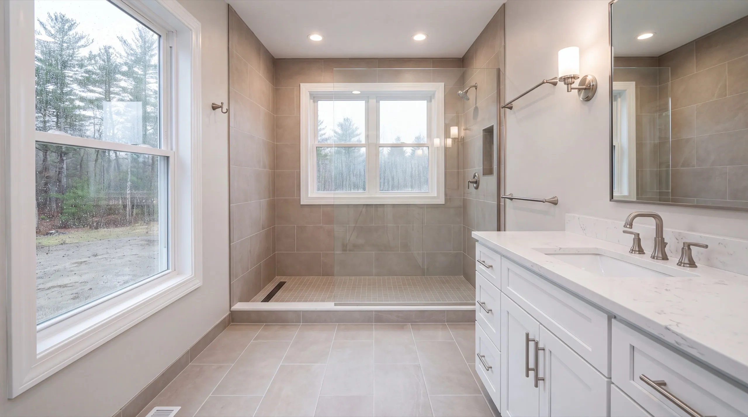 Remodeling West Gardiner Maine: bathroom with a tiled walk-in shower behind a glass panel and a white vanity