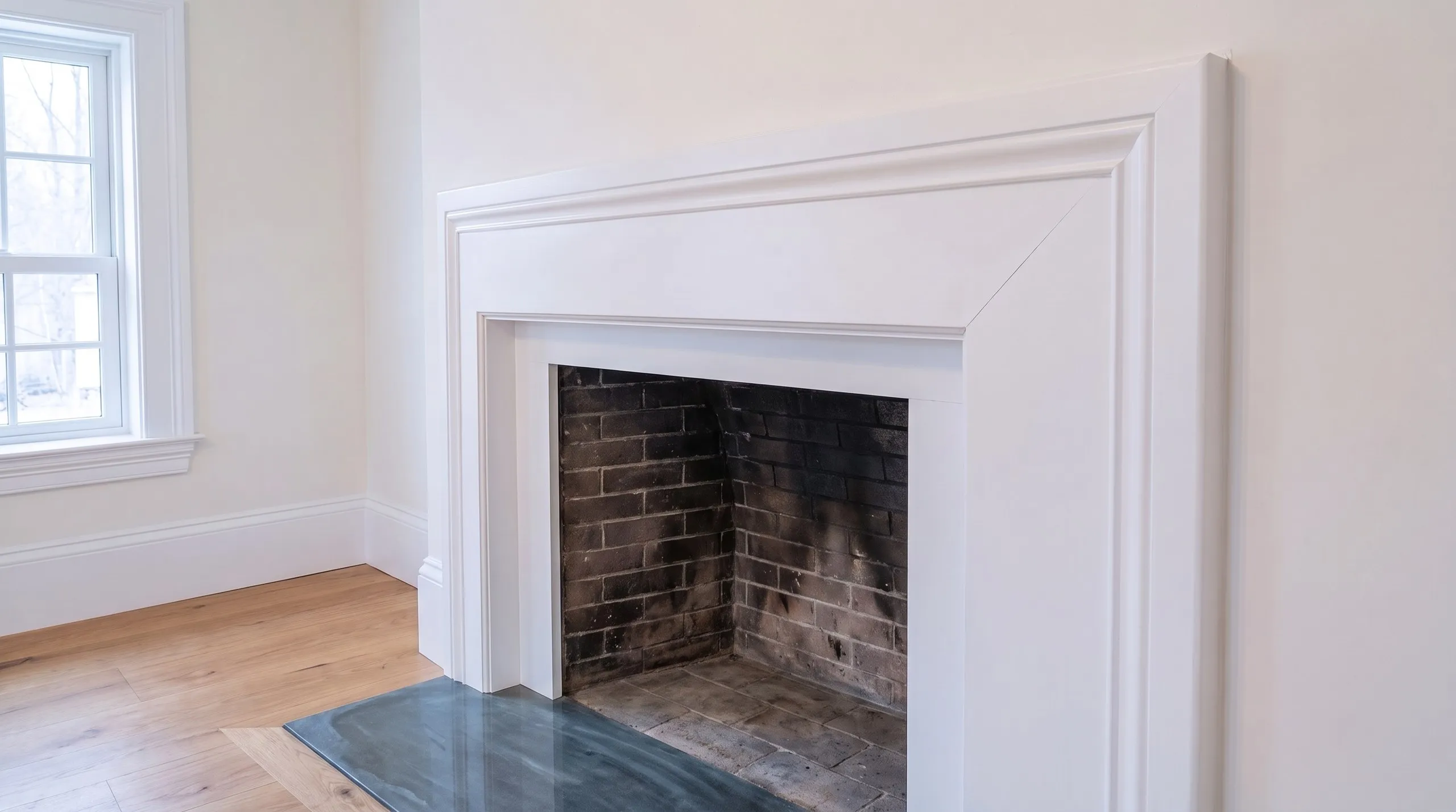 Home remodeling contractor West Gardiner Maine: wide painted fireplace surround with a brick firebox, stone hearth and oak floors