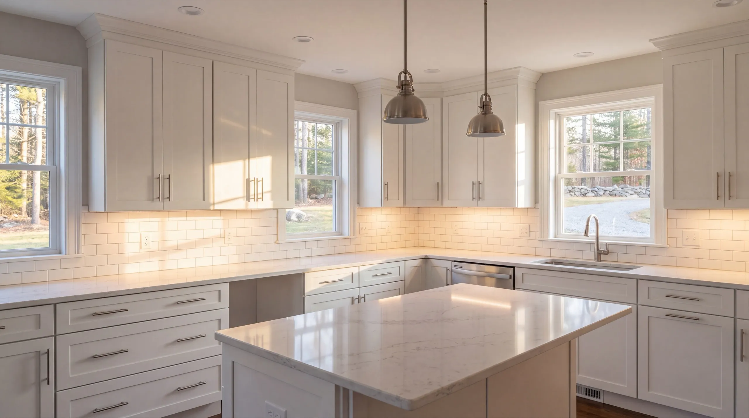 Remodeling West Gardiner Maine: white shaker kitchen with quartz counters, an island and two pendants