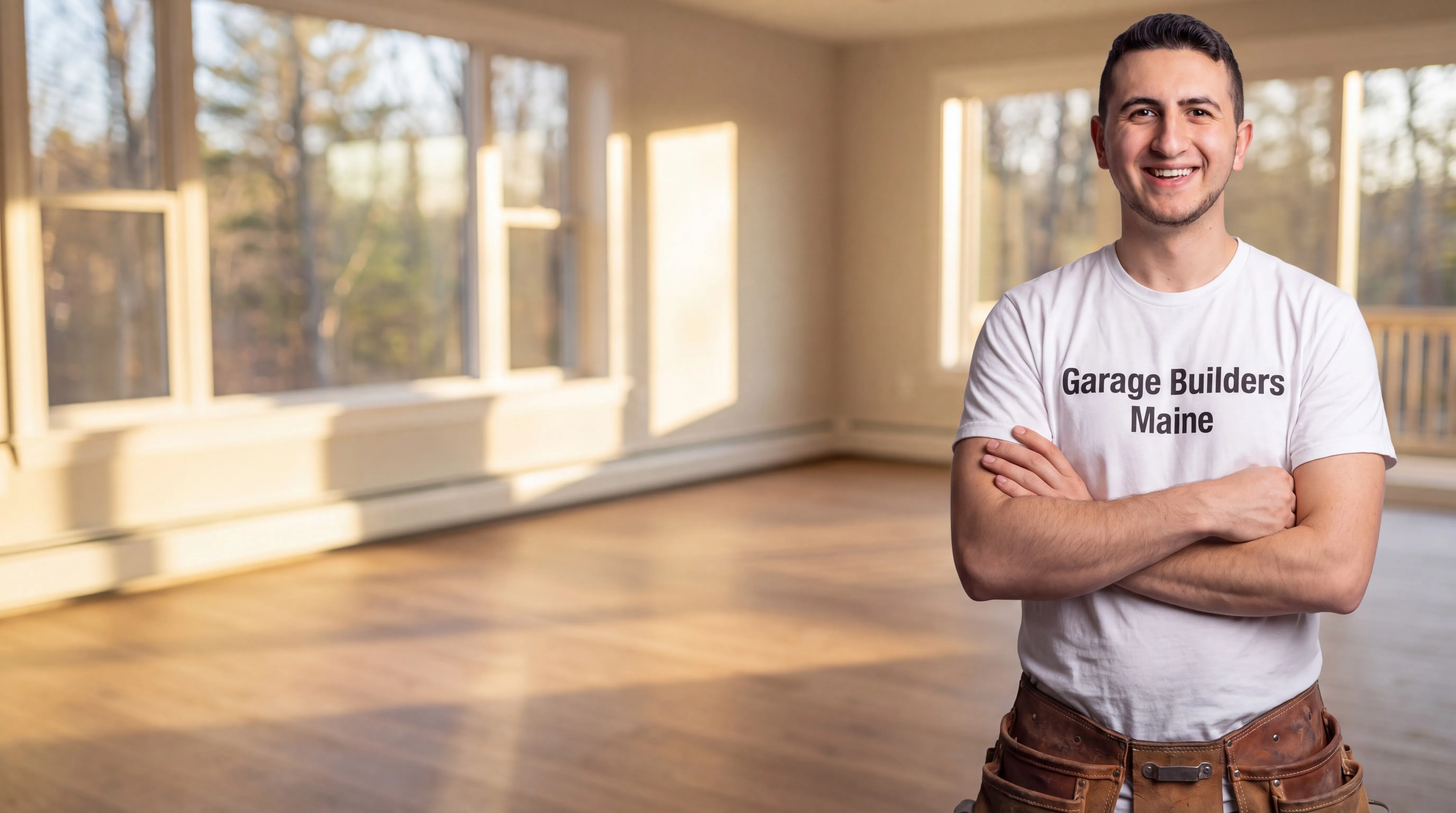 Remodeling West Gardiner Maine: owner with arms crossed in a finished empty room with wood floors