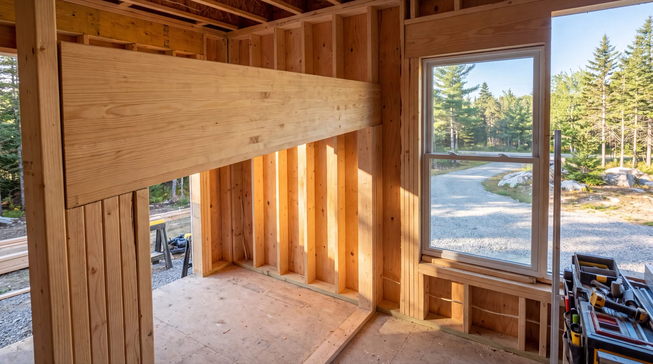 Home remodeling contractor West Gardiner Maine: new wood header on a built-up post in a framed room with a toolbox