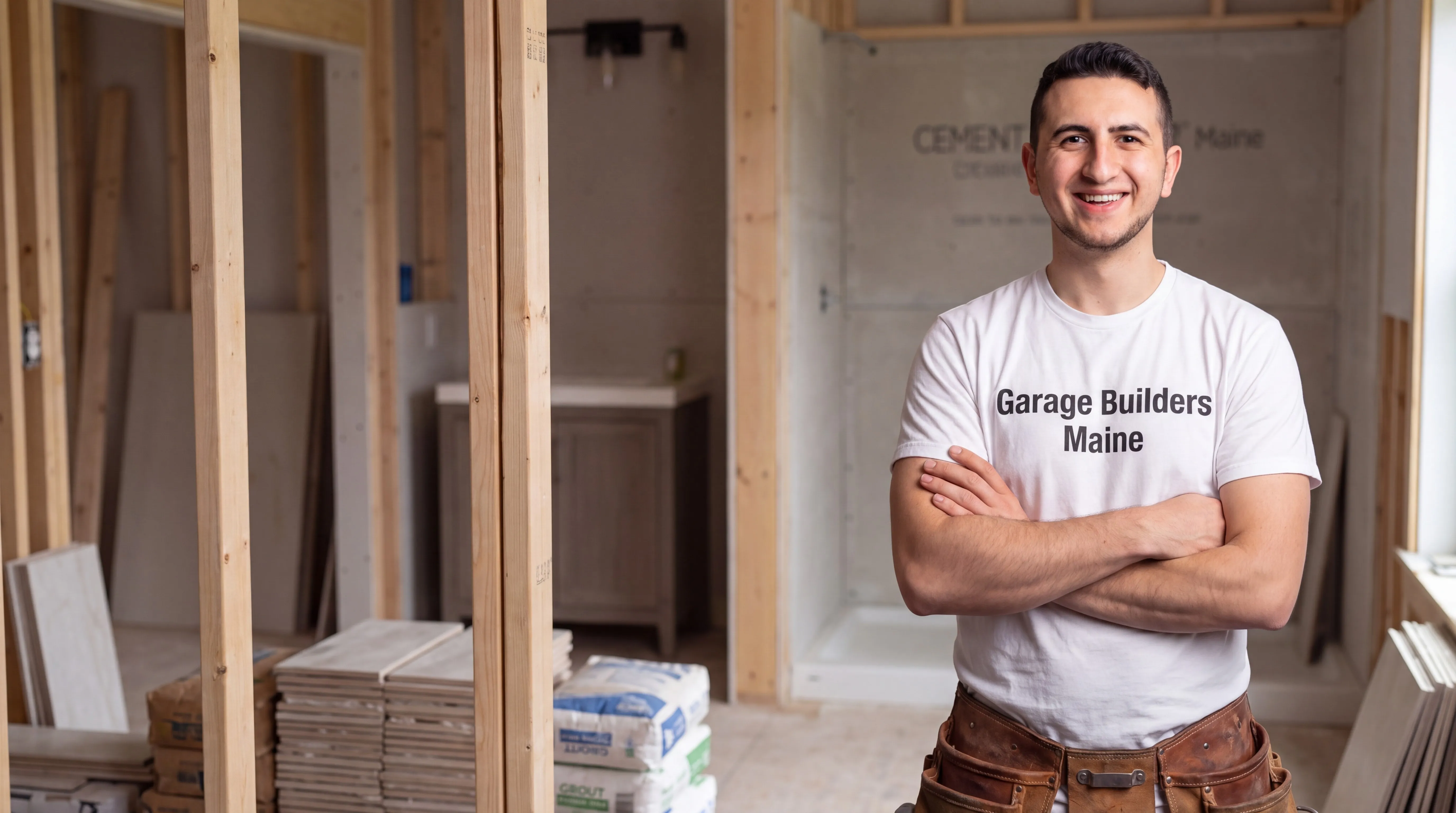 Remodeling Whitefield Maine: owner with arms crossed in a bathroom rough-in with backer board and tile stacks