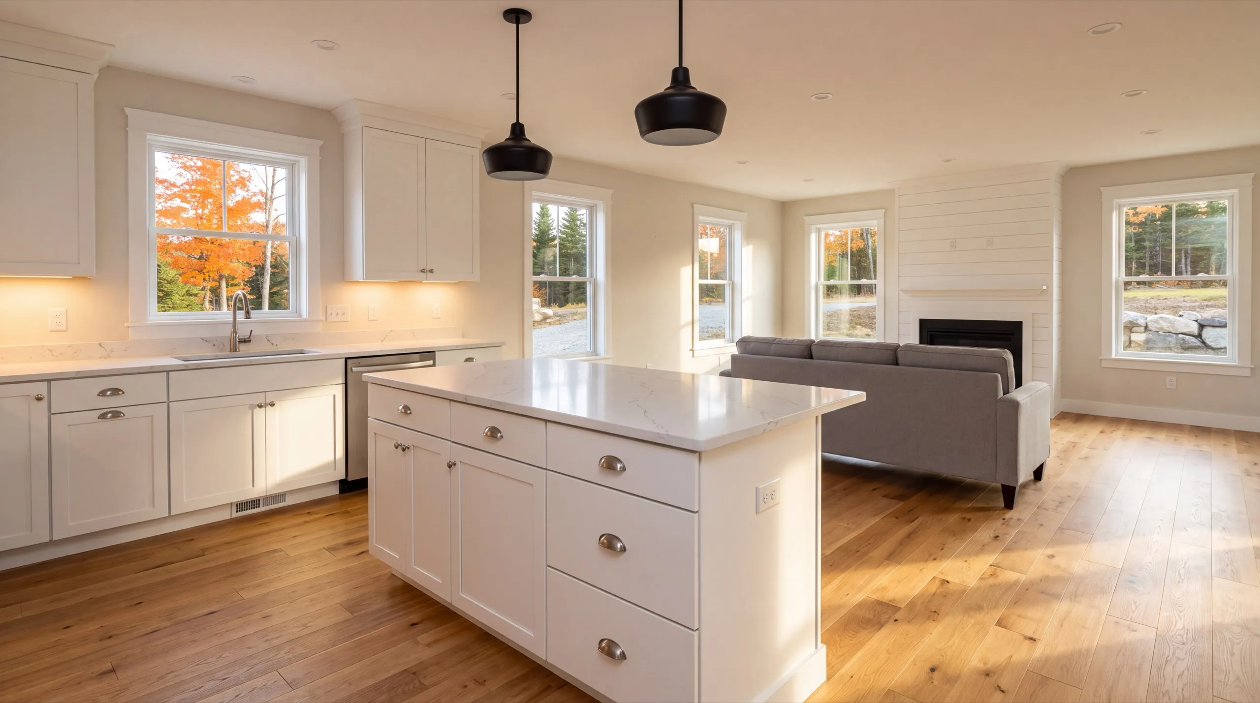 Home renovation contractor Central Maine: finished kitchen with a white island open to a living room with a fireplace