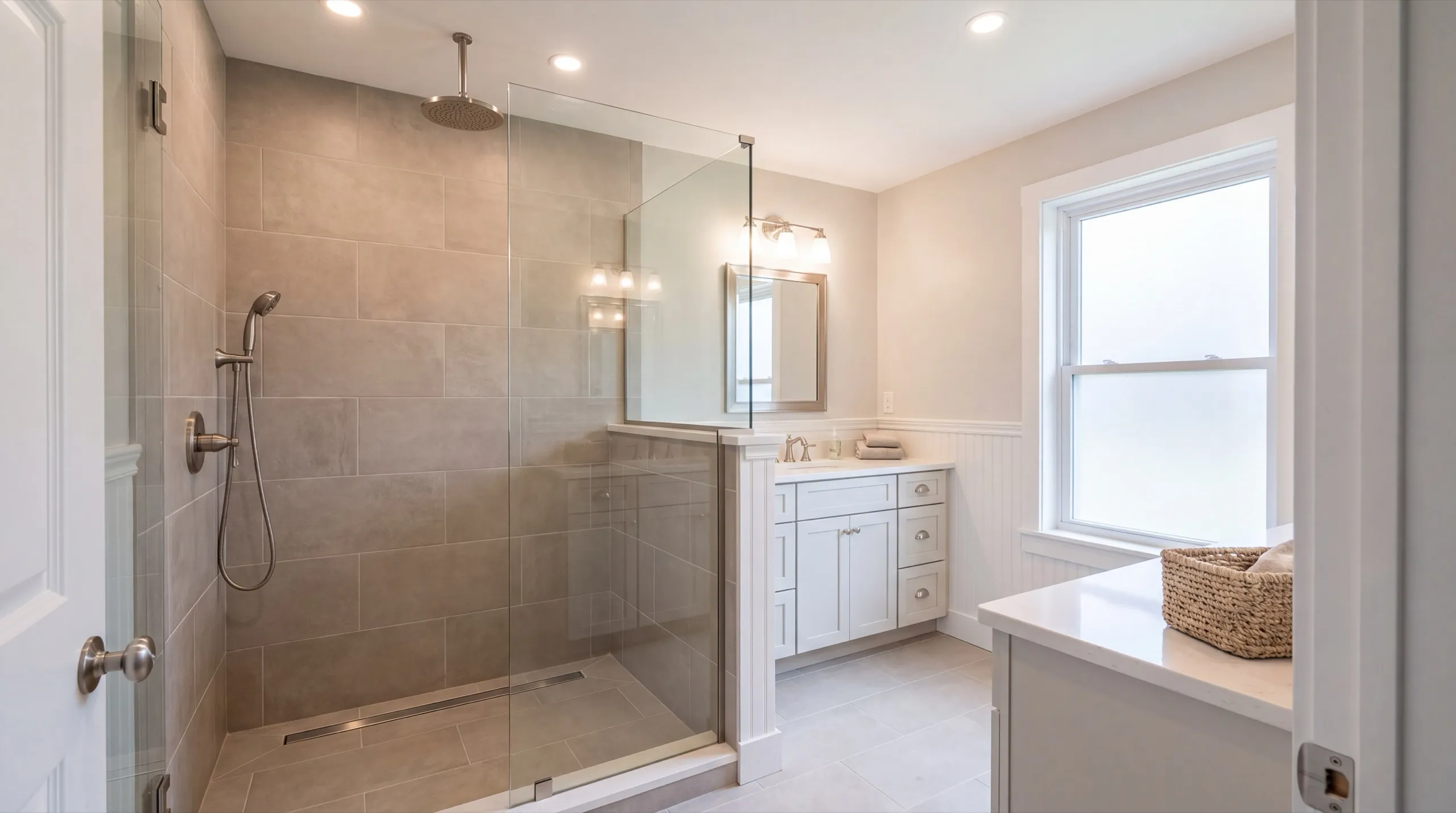 Remodeling Windsor Maine: finished bathroom with a gray tiled walk-in shower, glass panel and white vanity