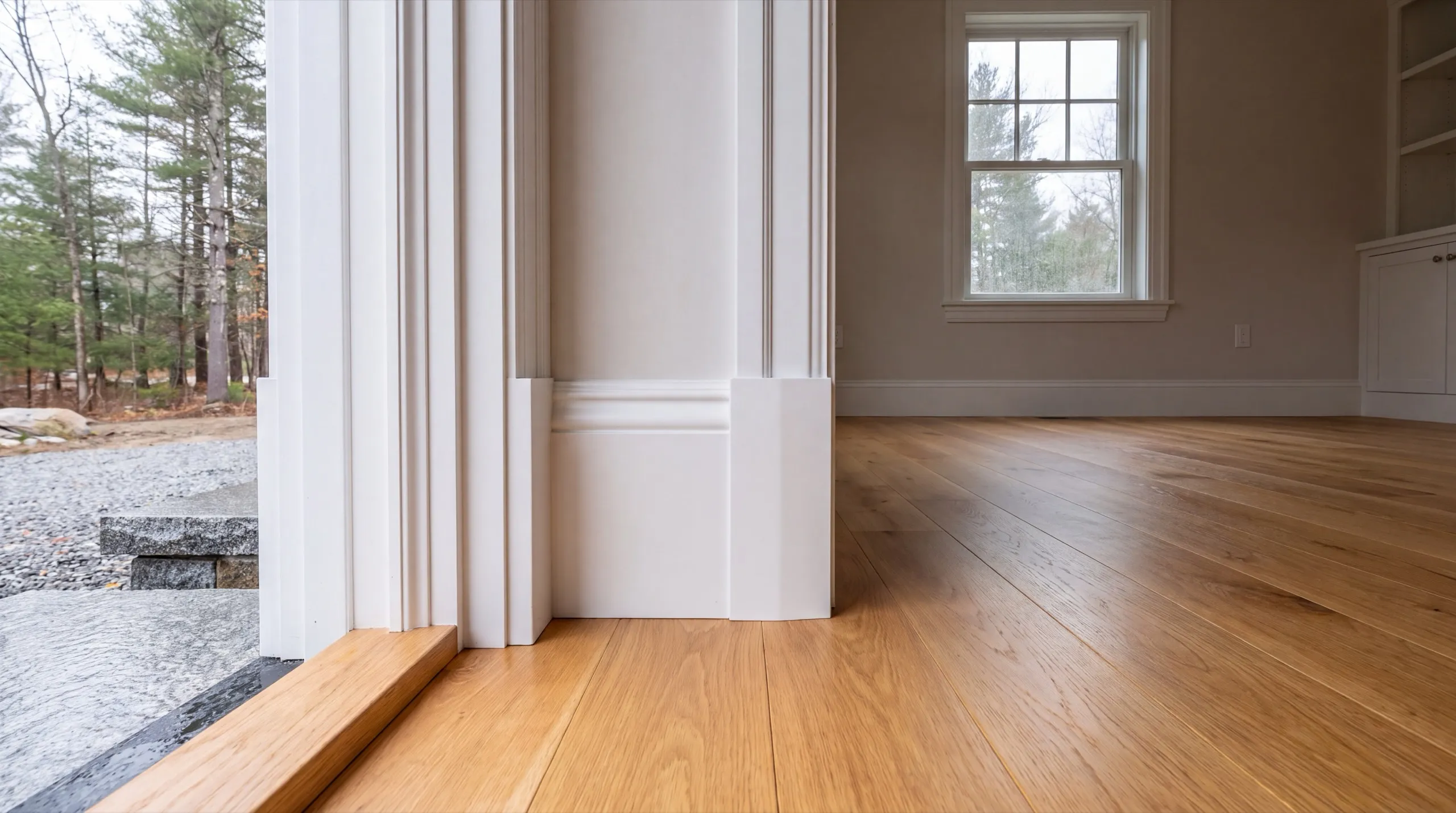 Home remodeling contractor Windsor Maine: painted door casing with plinth blocks and tall baseboard on a new wood floor