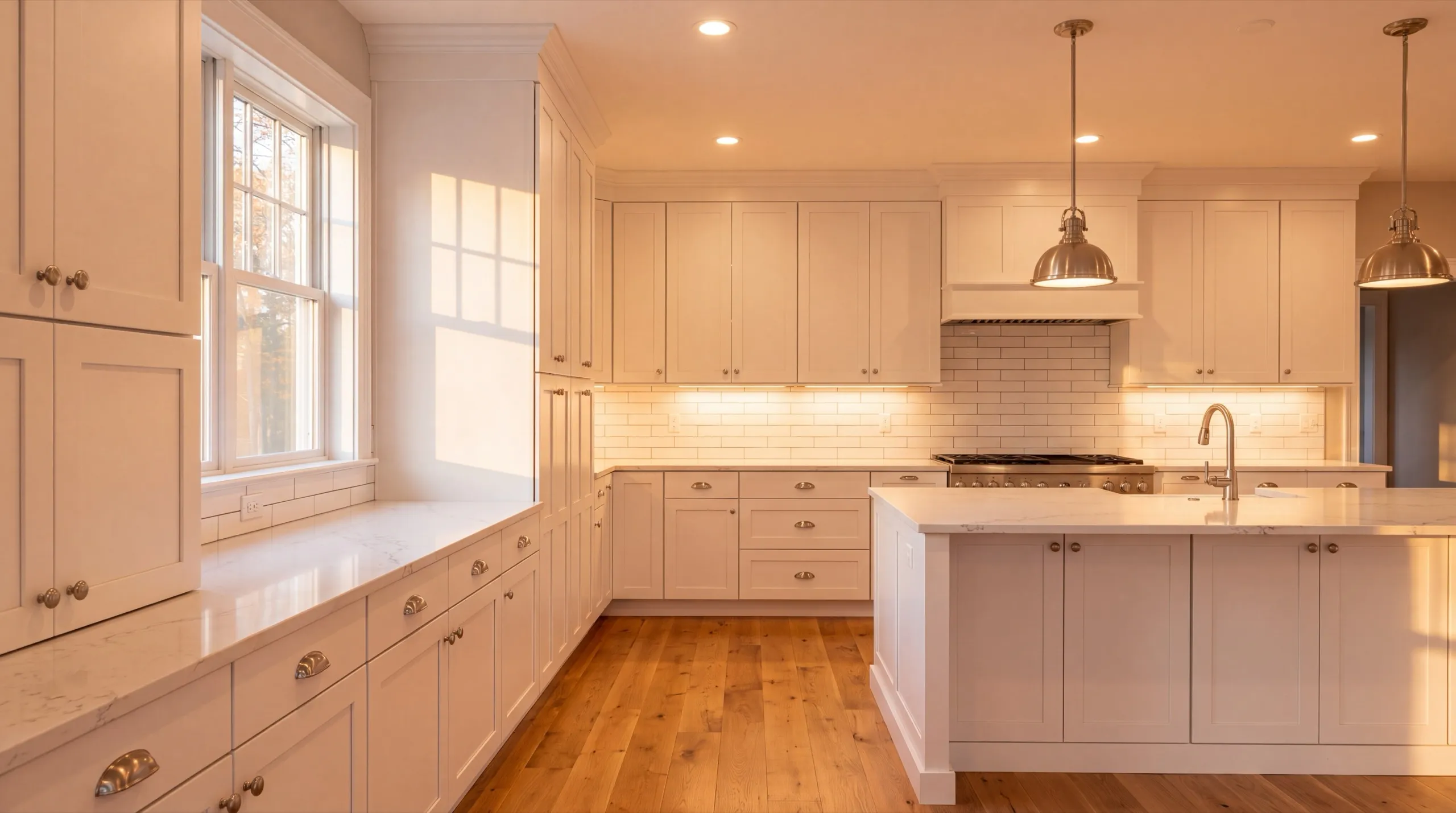 Remodeling Windsor Maine: white shaker kitchen with a large stone-topped island, sink and steel pendants