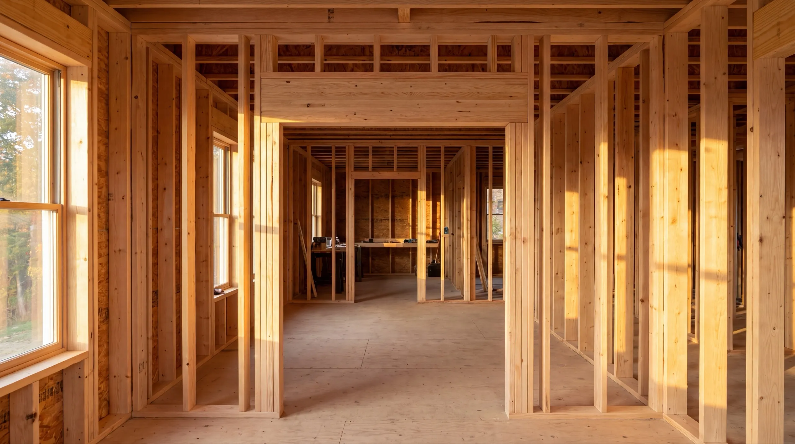 Home remodeling contractor Windsor Maine: new stud walls and a header framing open rooms through a house interior