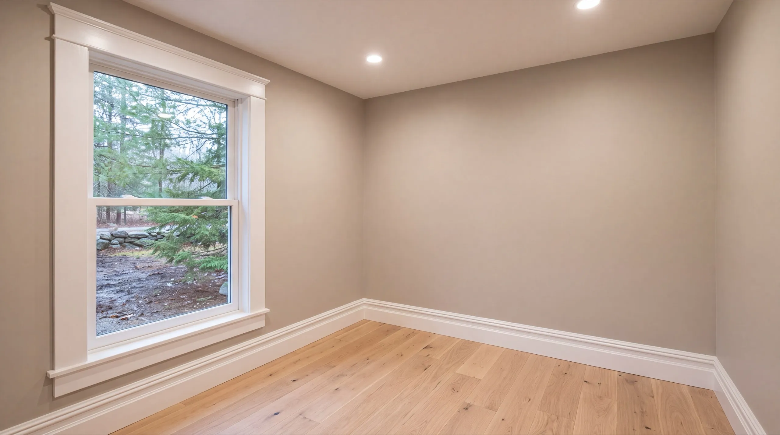 Home remodeling contractor Winthrop Maine: empty room with painted window casing, baseboard and a new wood floor