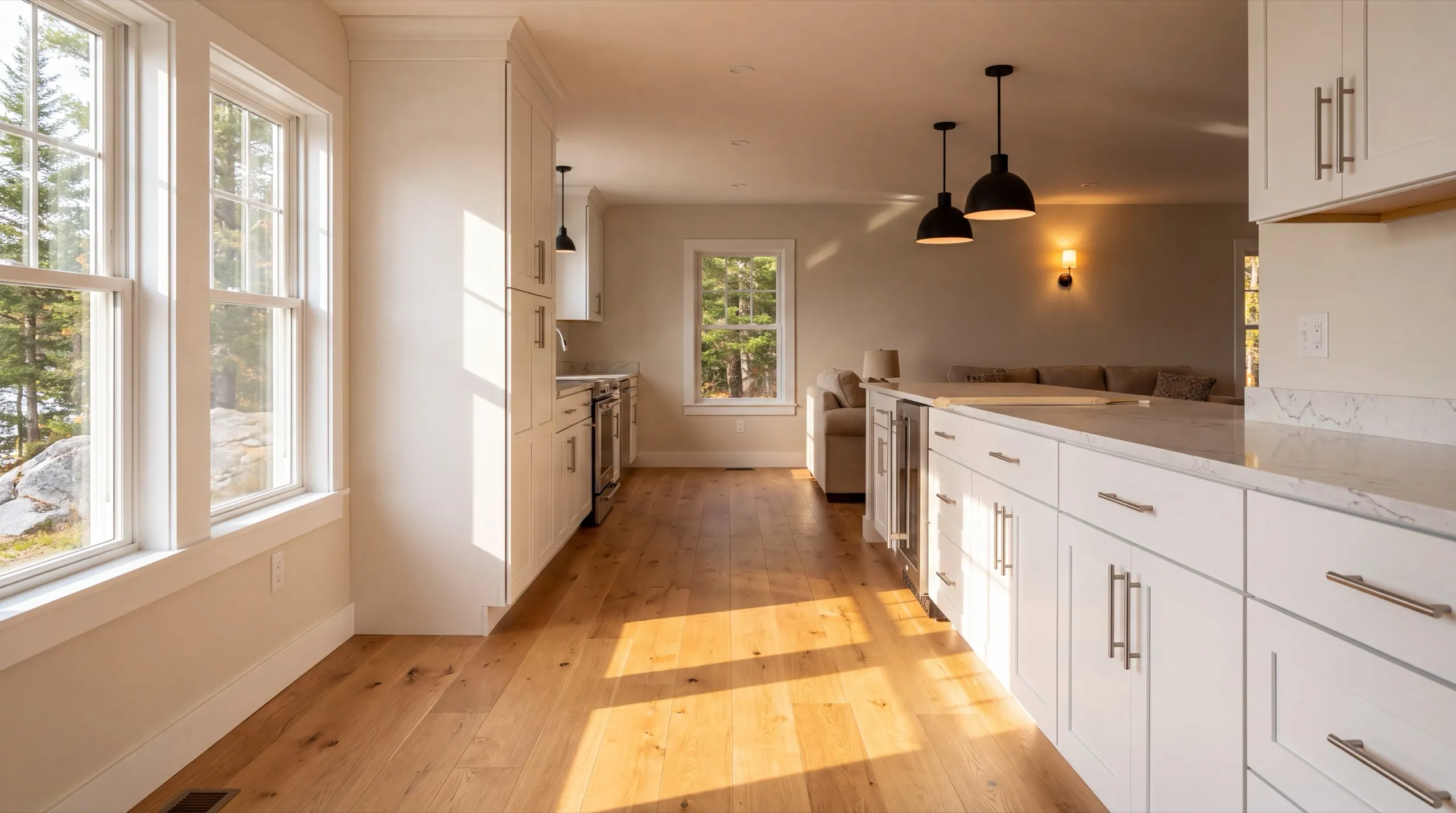 Remodeling in Winthrop, ME: finished white galley kitchen with pendants open to a living room