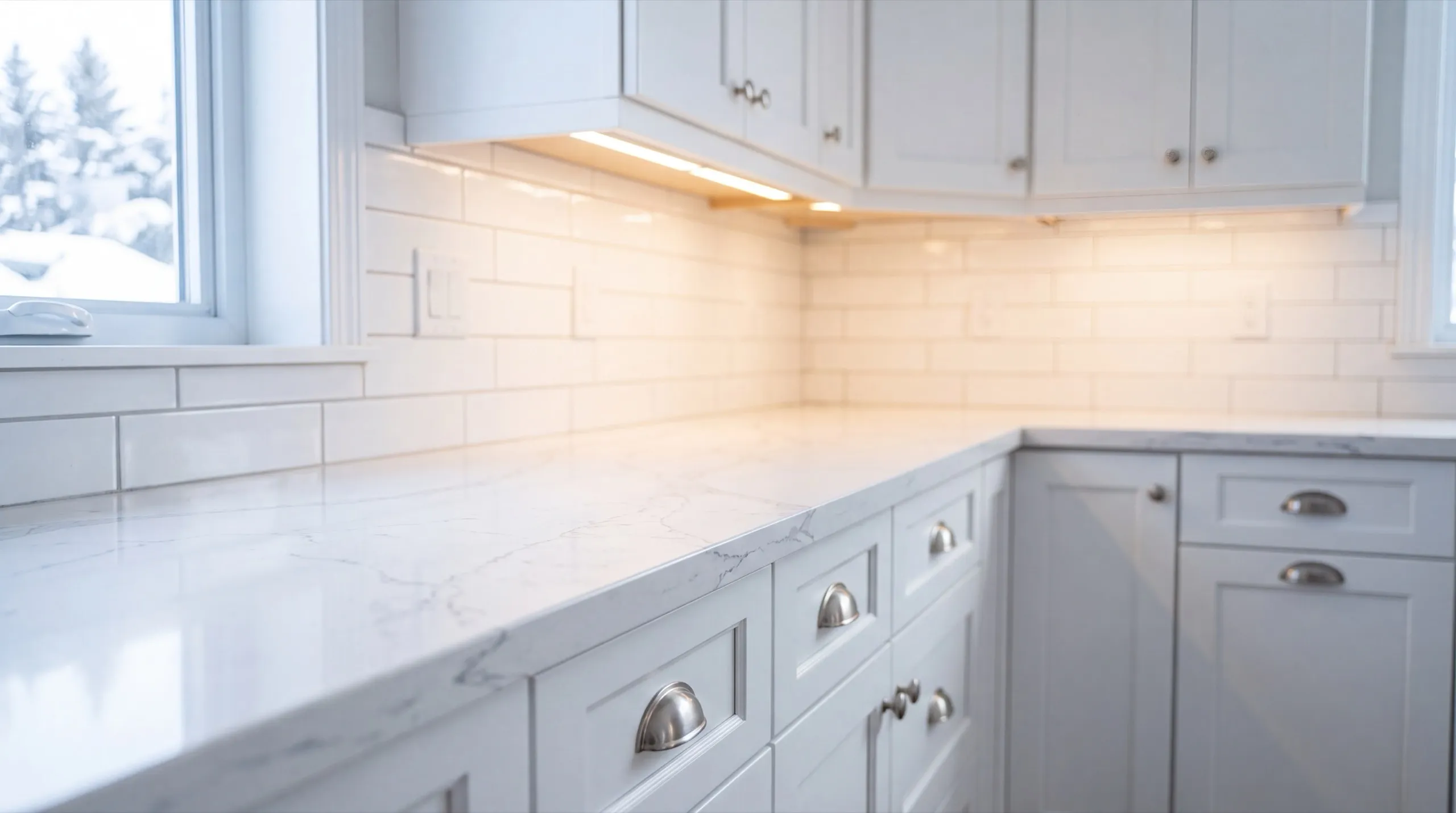 Remodeling Winthrop Maine: close view of white shaker cabinets, a stone counter and subway tile backsplash