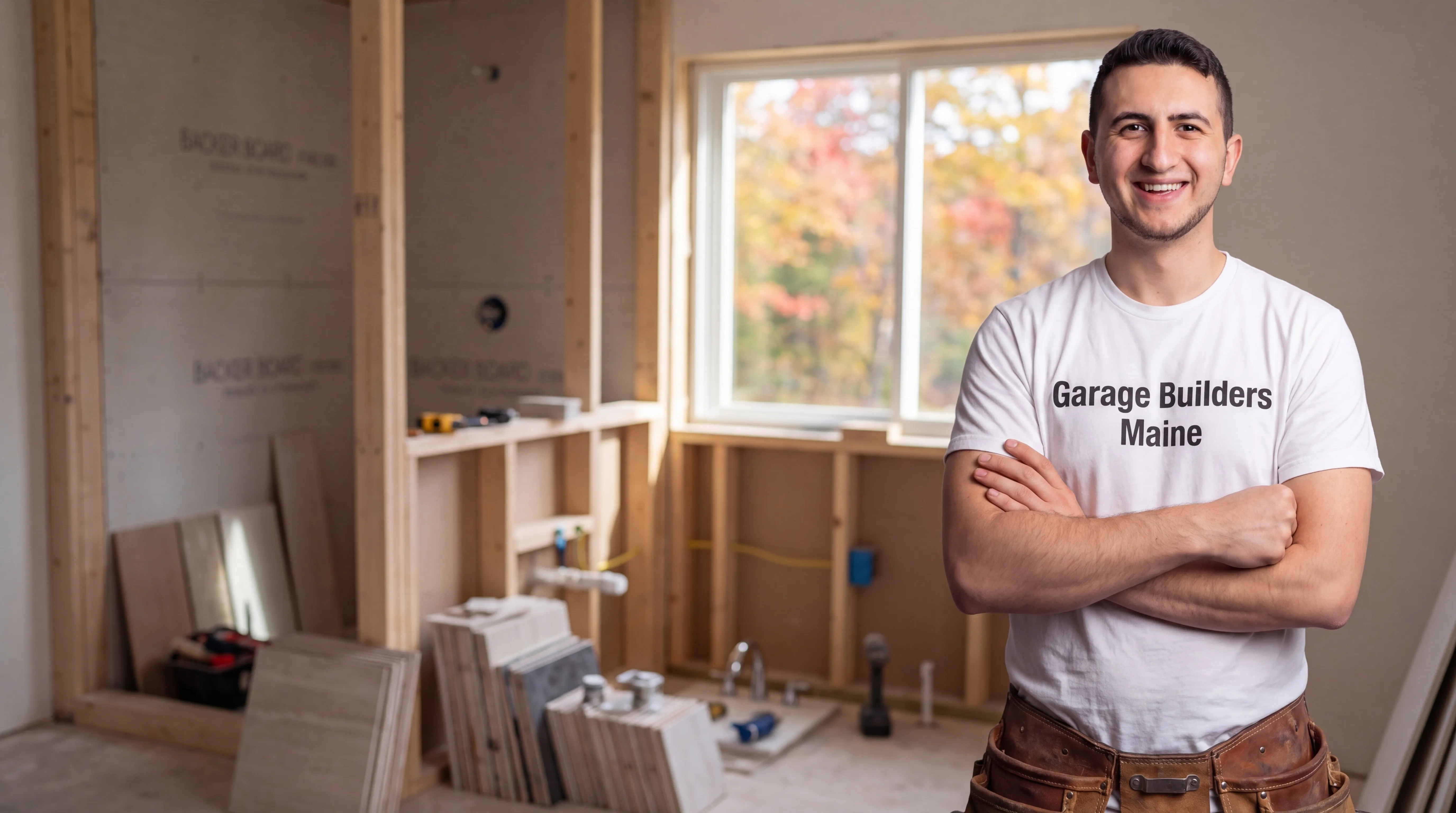 Owner of Garage Builders Maine standing with his arms crossed and smiling at a Maine job site