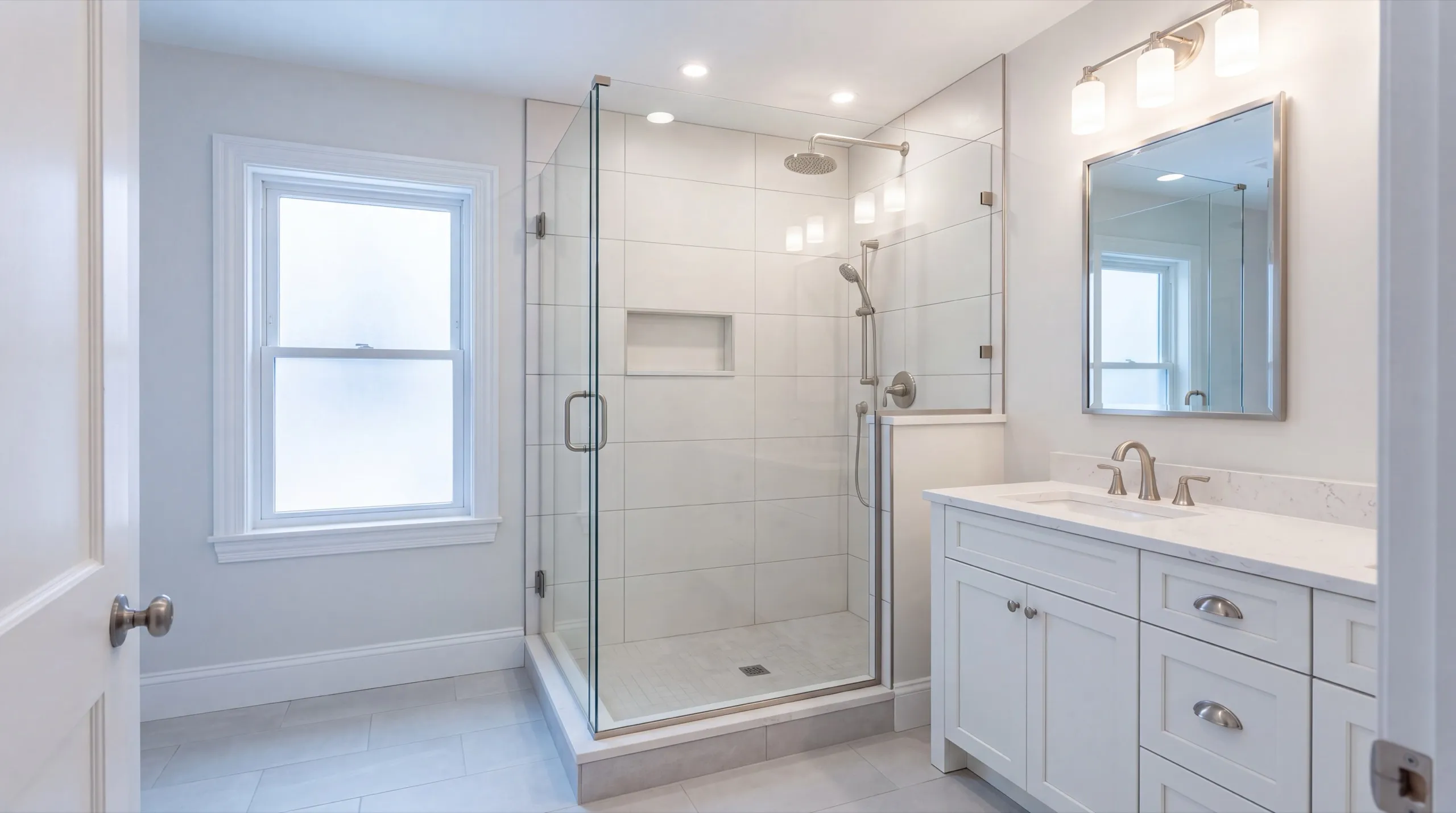 Remodeling Wiscasset Maine: finished bathroom with a glass corner shower, white vanity and window