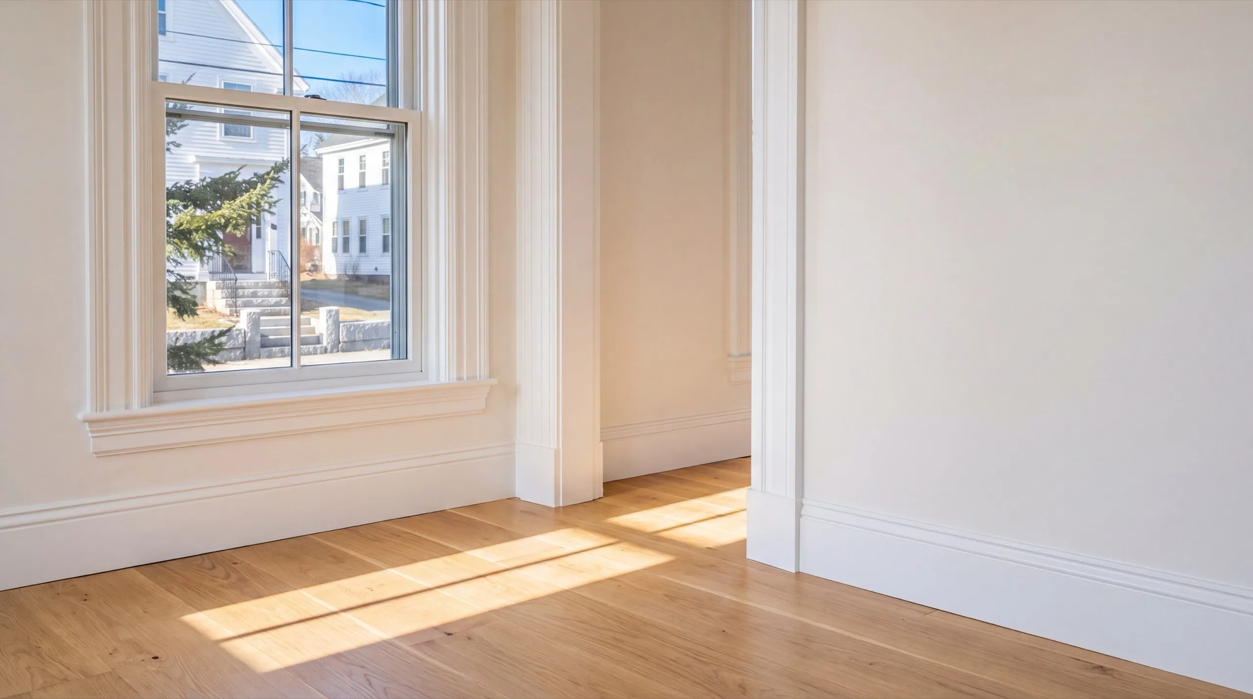Home remodeling contractor Wiscasset Maine: painted window and door casings with tall baseboard in an empty room