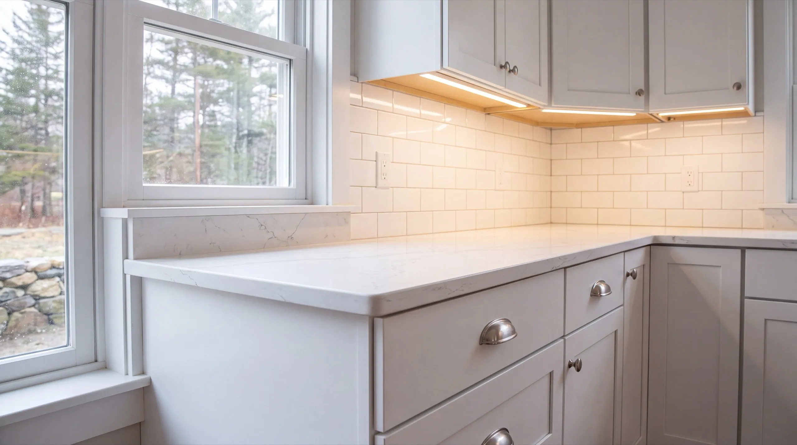 Remodeling Wiscasset Maine: white shaker cabinets with a stone counter and subway tile under a window