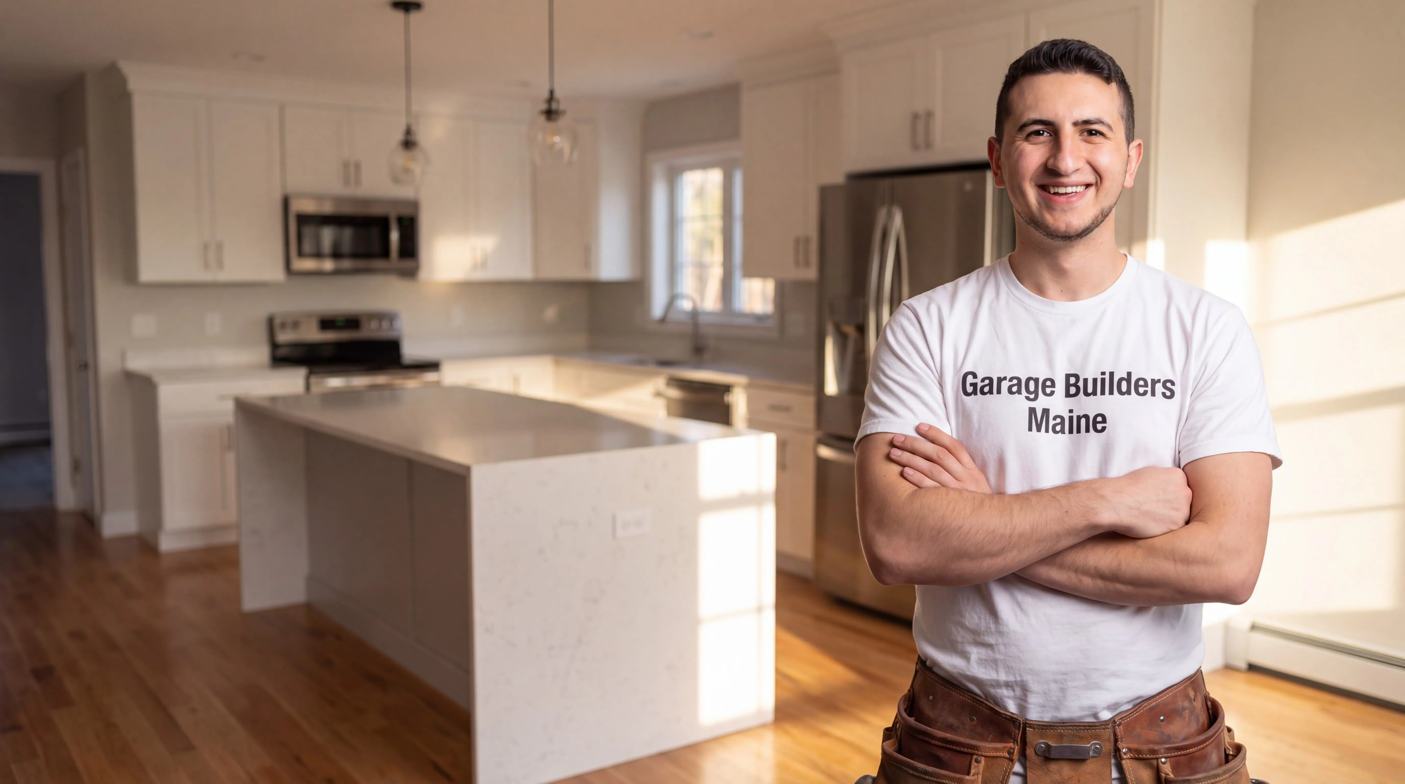 Remodeling Wiscasset Maine: owner with arms crossed in a finished white kitchen with a stone island