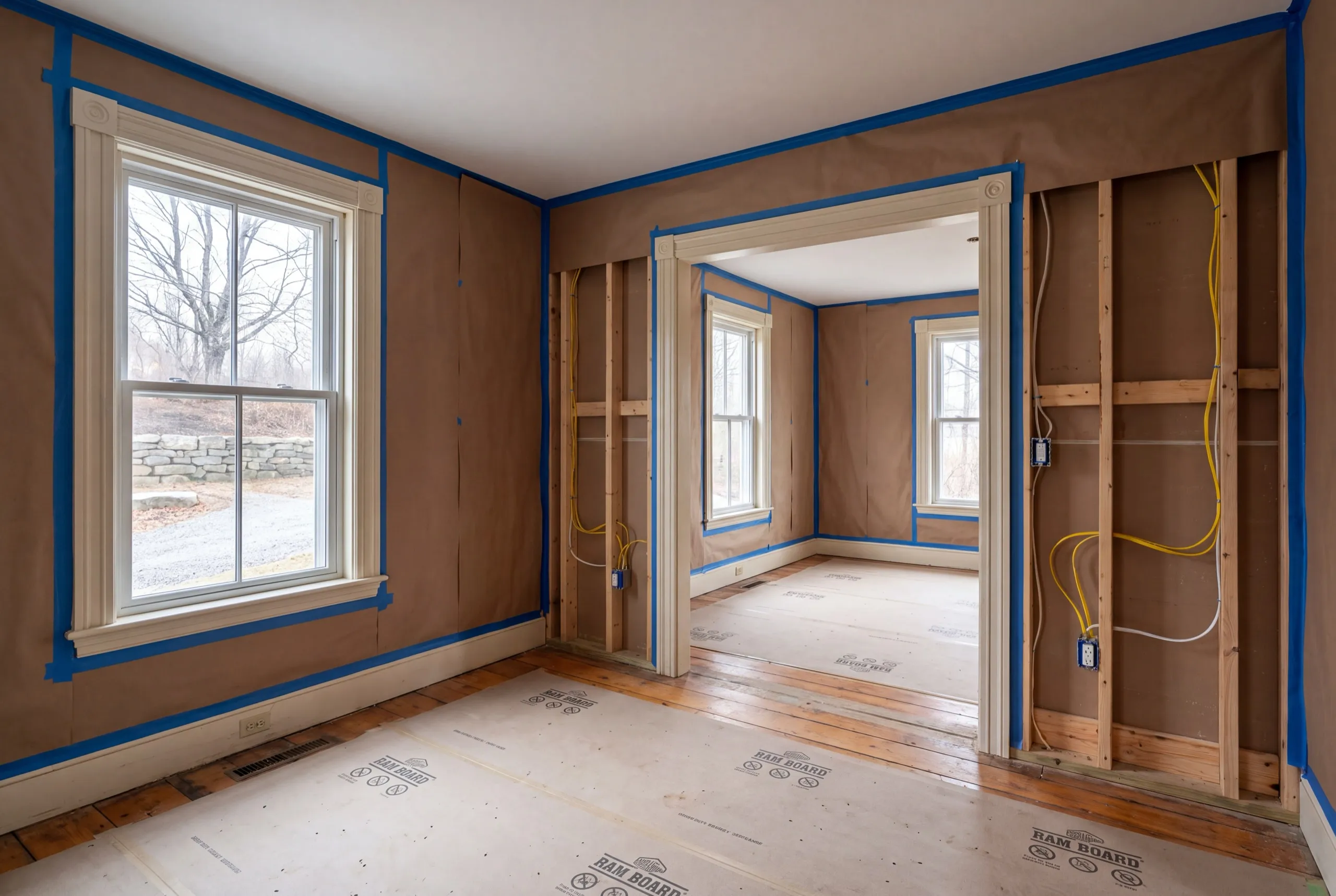 Home renovation contractor Wiscasset Maine: rooms with casings masked in paper and tape, opened walls with new wiring