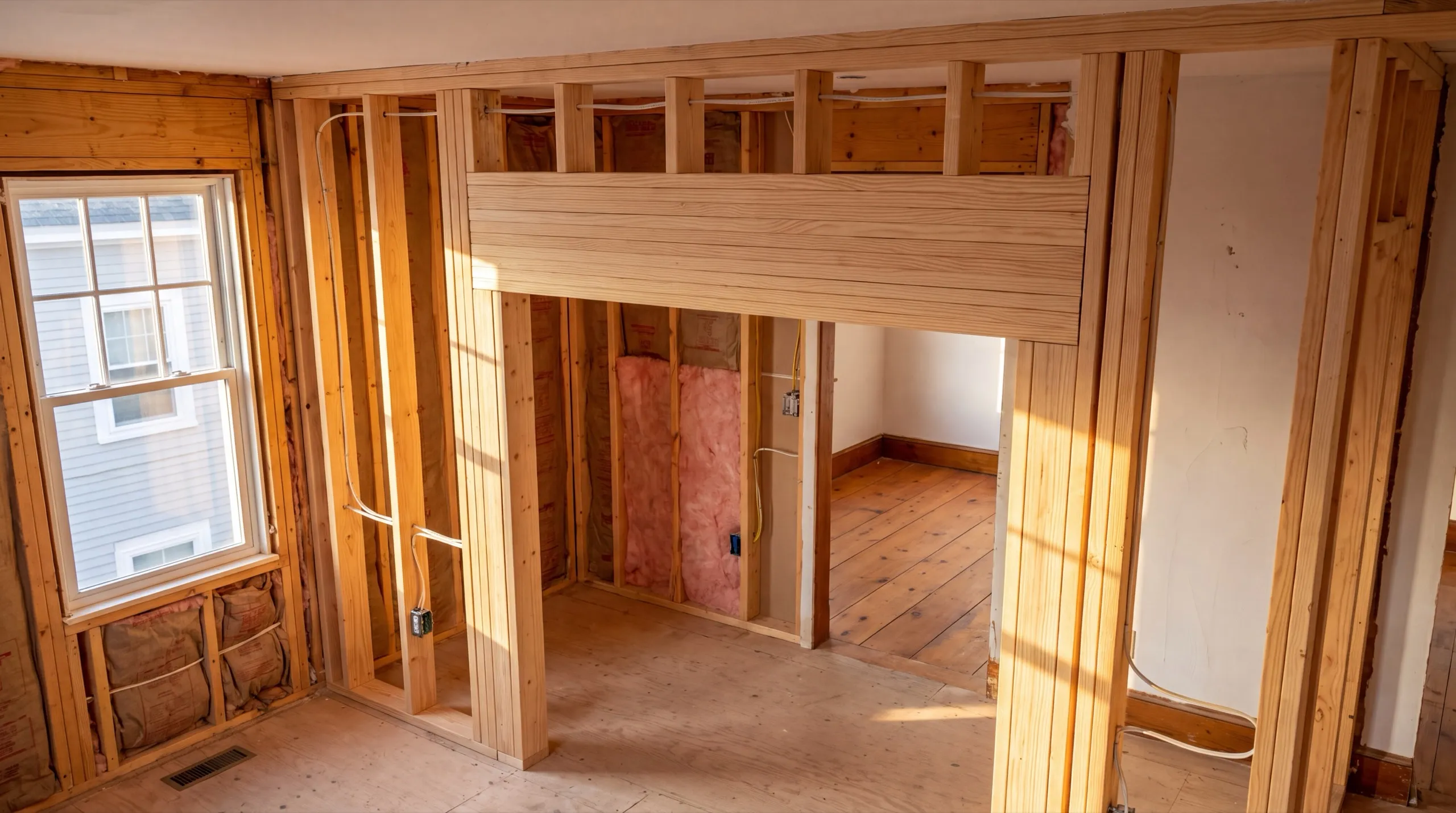 Home remodeling contractor Wiscasset Maine: new header and stud framing opening rooms in an older home with pine floors