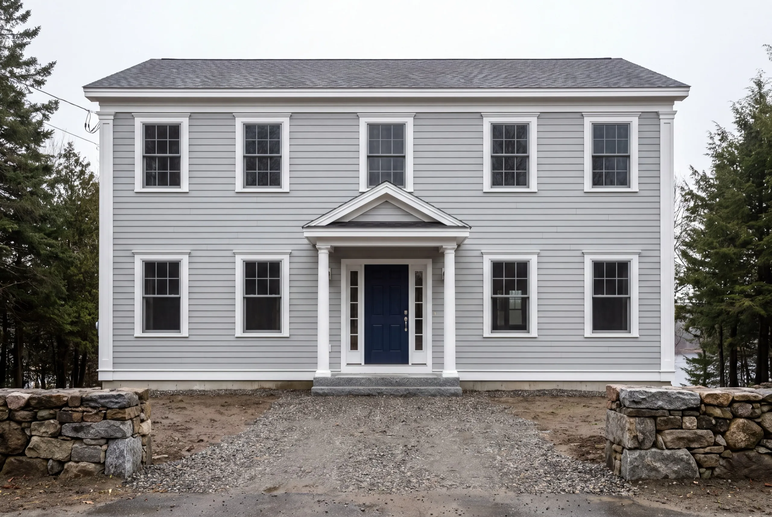 Siding installer Augusta Maine: finished gray two-story colonial with lap siding, white trim and a navy door