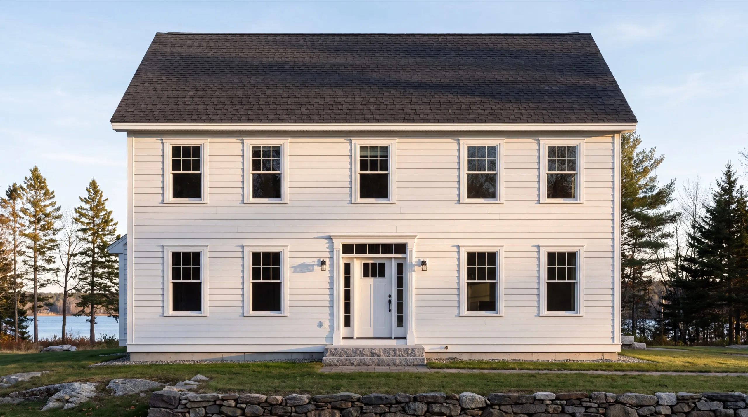 Siding contractor Augusta Maine: finished white two-story colonial with lap siding beside a lake