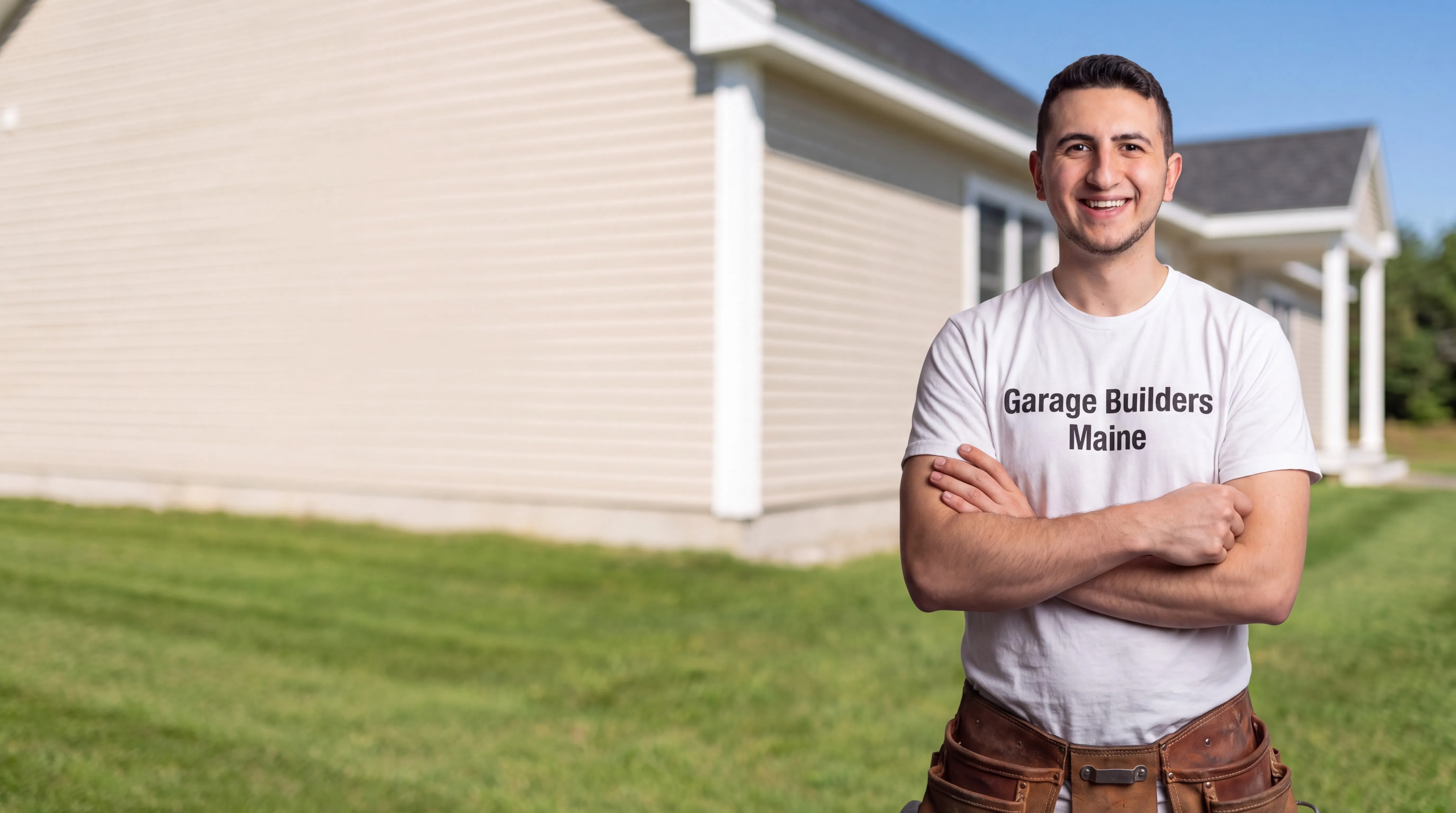 Siding contractor Augusta Maine: owner with arms crossed in front of a finished ranch with beige vinyl siding