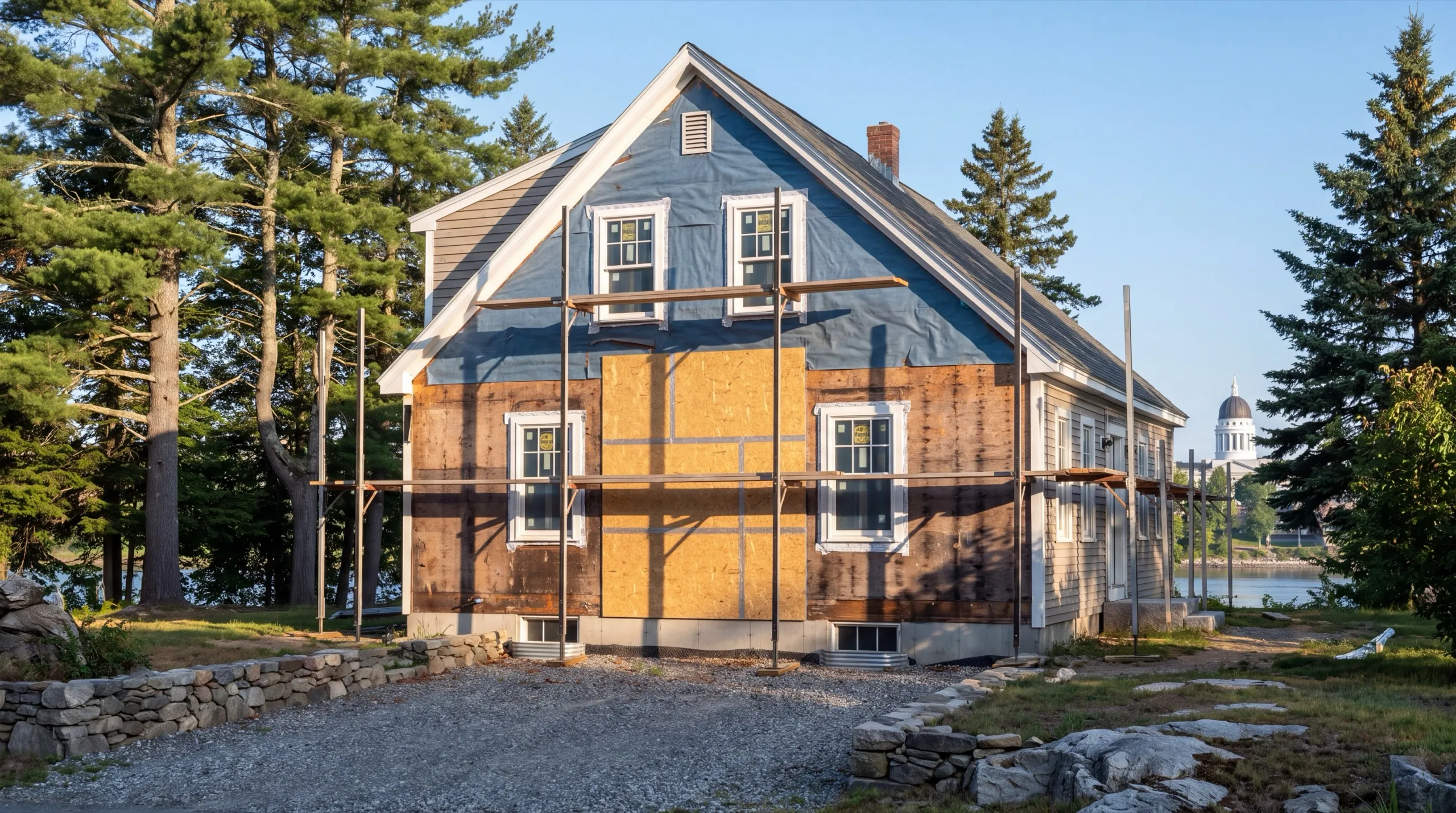 Siding contractor Augusta Maine: house with old siding stripped, plywood patches, blue house wrap and staging