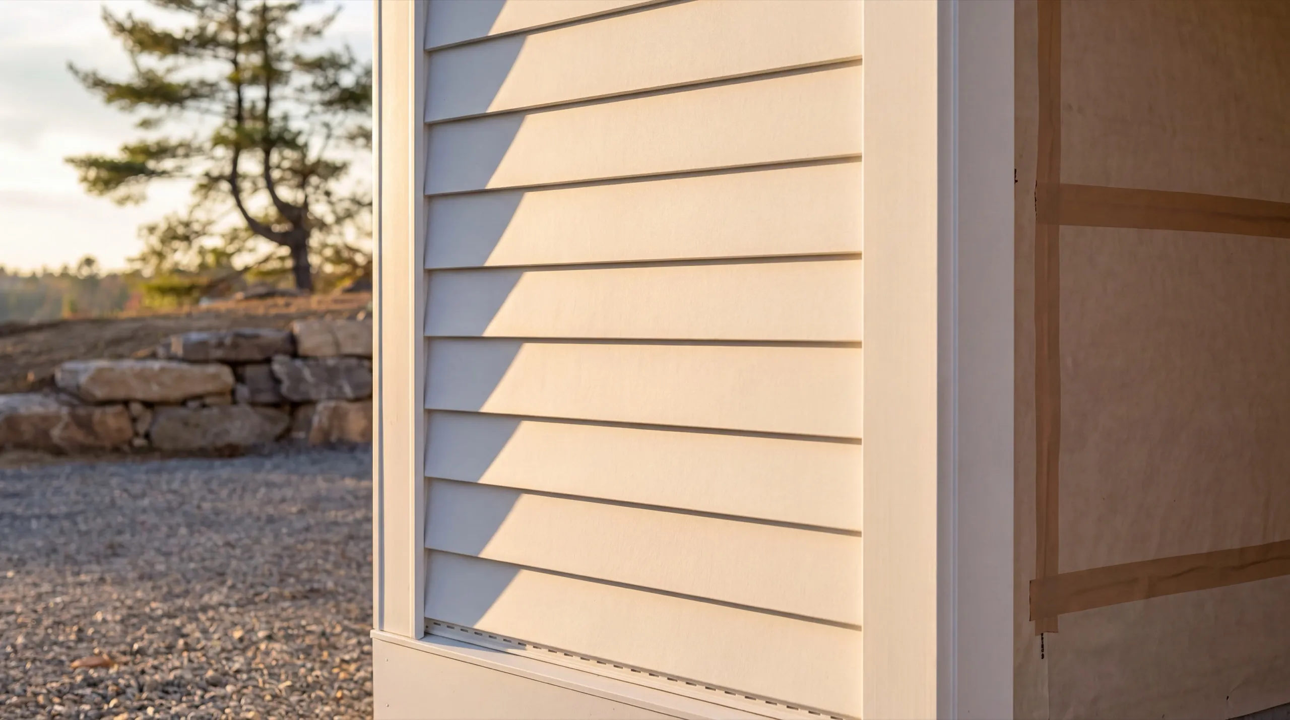 Vinyl siding contractor Chelsea Maine: beige siding hung on one wall beside a corner still in taped building paper