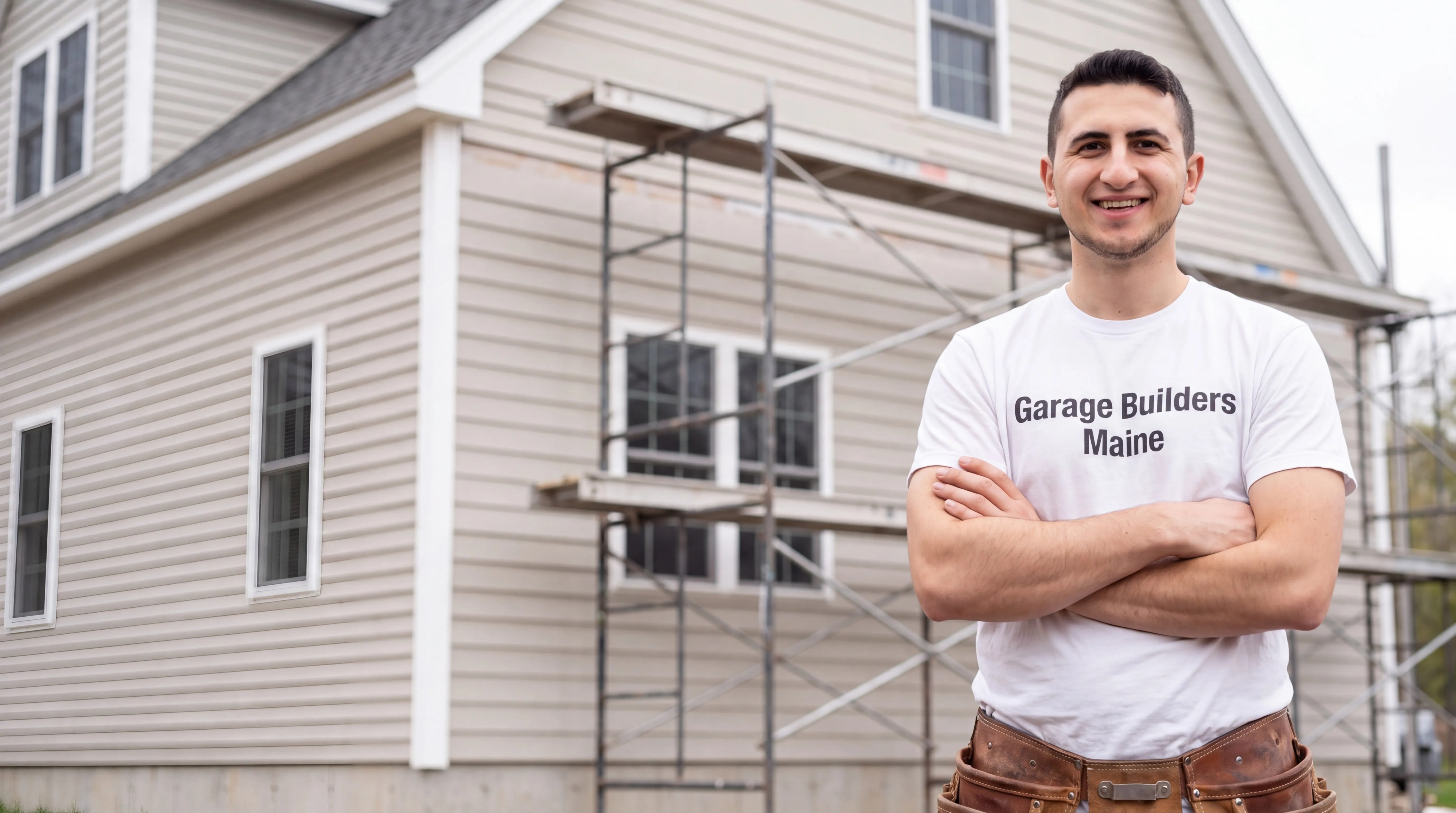 Owner of Garage Builders Maine standing with his arms crossed and smiling at a Maine job site