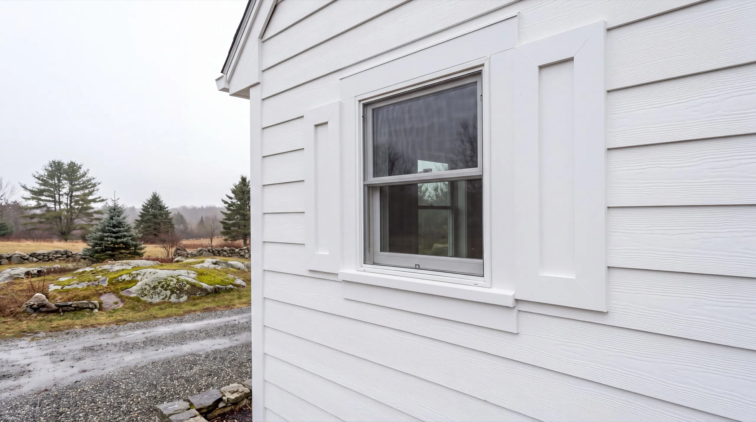 Siding installer Chelsea Maine: white lap siding with wide window casing and flat trim panels by a window