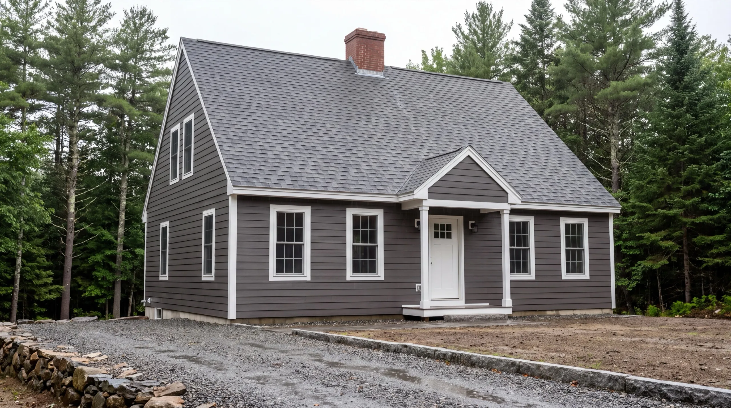 Siding contractor Dresden Maine: finished gray cape with lap siding, white trim and a brick chimney