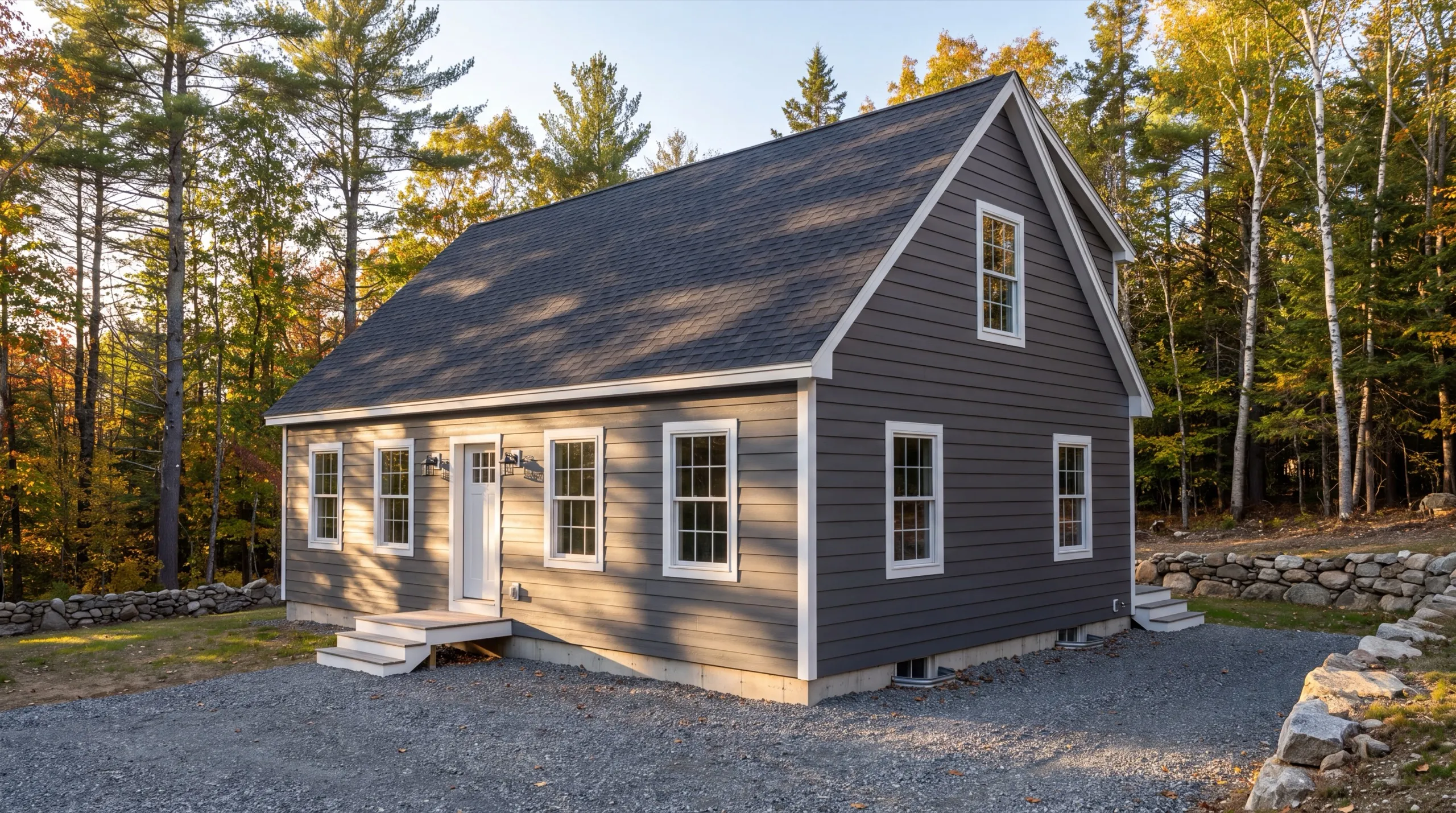Siding contractor in Dresden, ME: finished gray cape with lap siding and white trim on a gravel drive