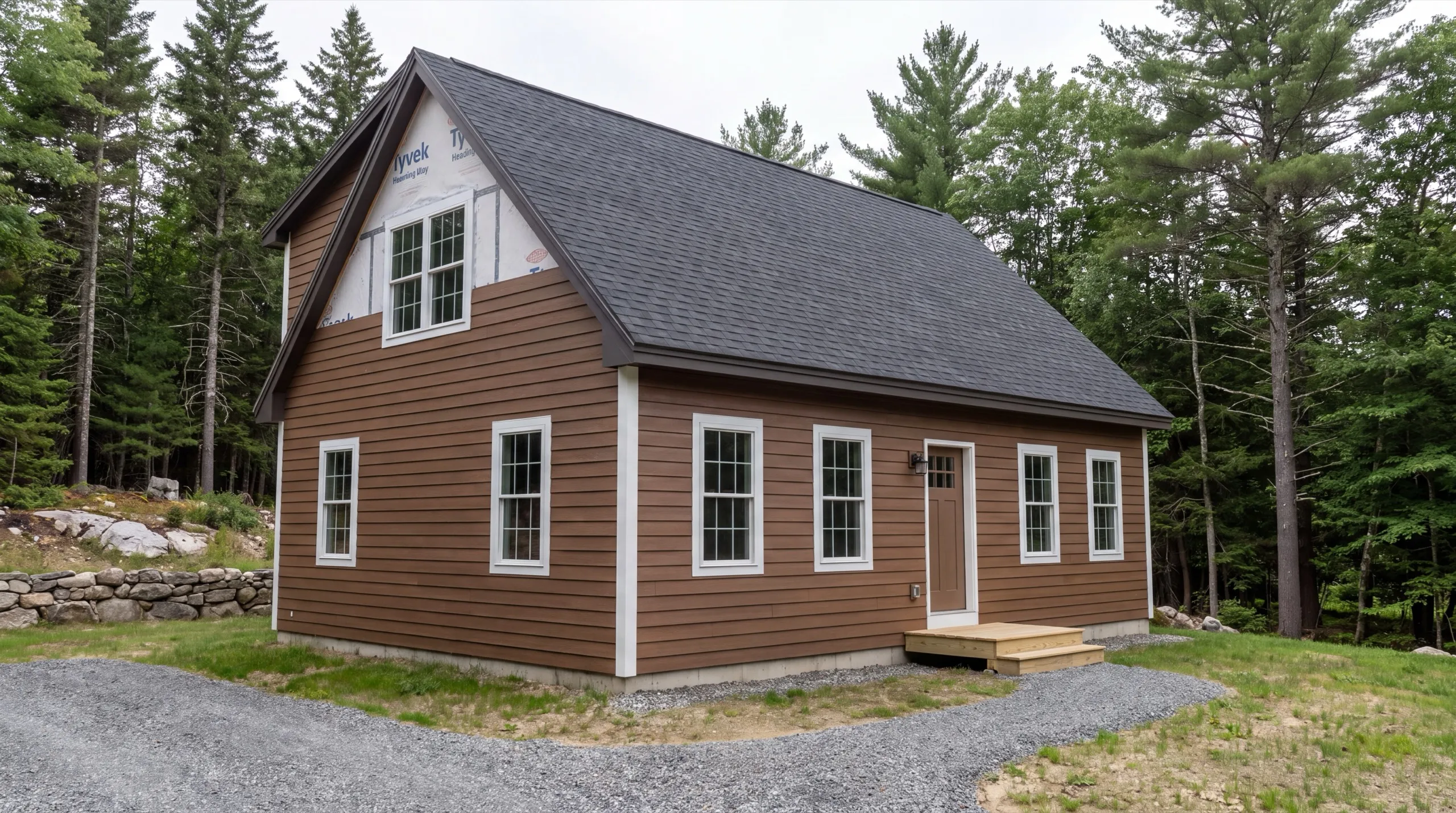 Siding contractor Dresden Maine: brown lap siding on the walls with the upper gable still in house wrap
