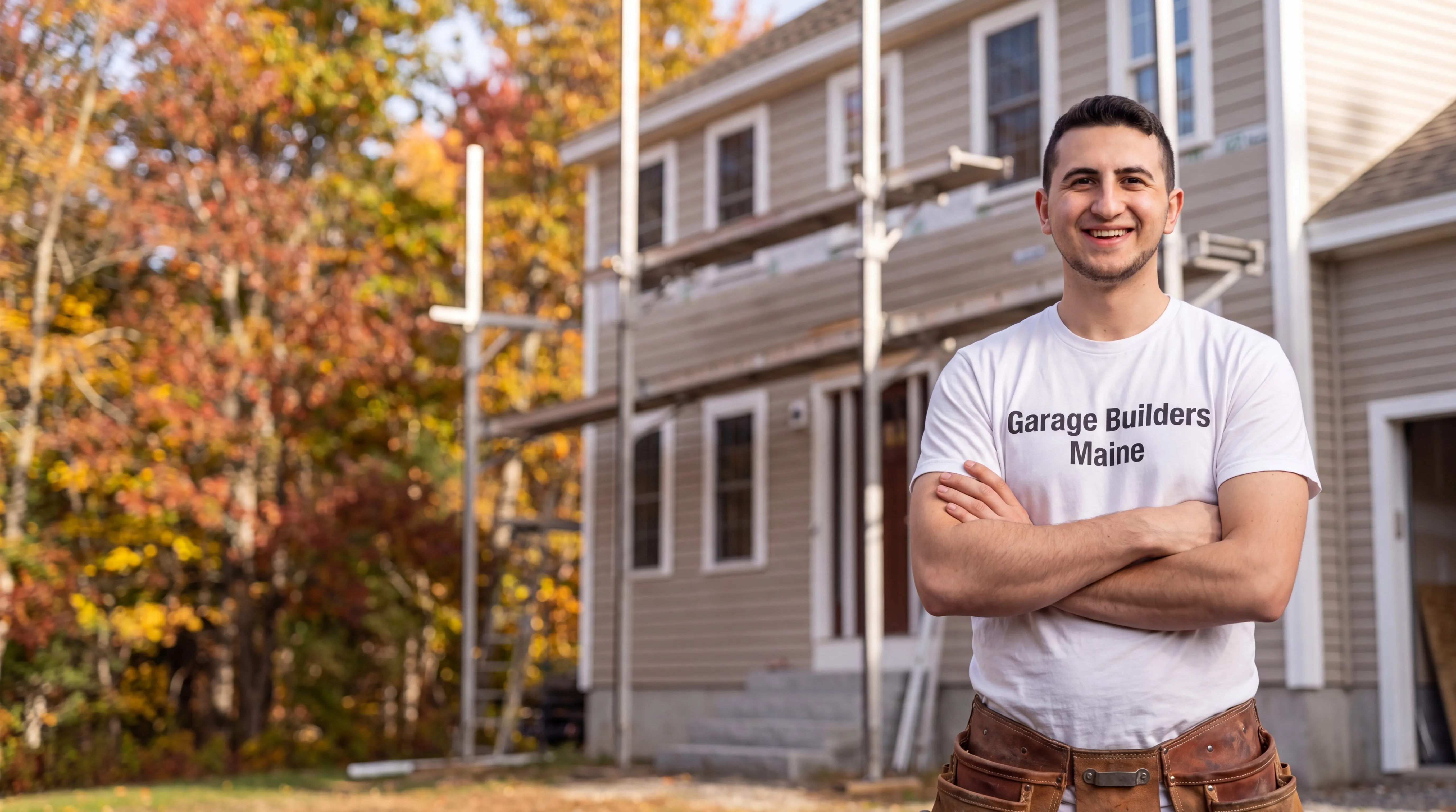Siding contractor Dresden Maine: owner with arms crossed in front of a beige vinyl-sided house with staging